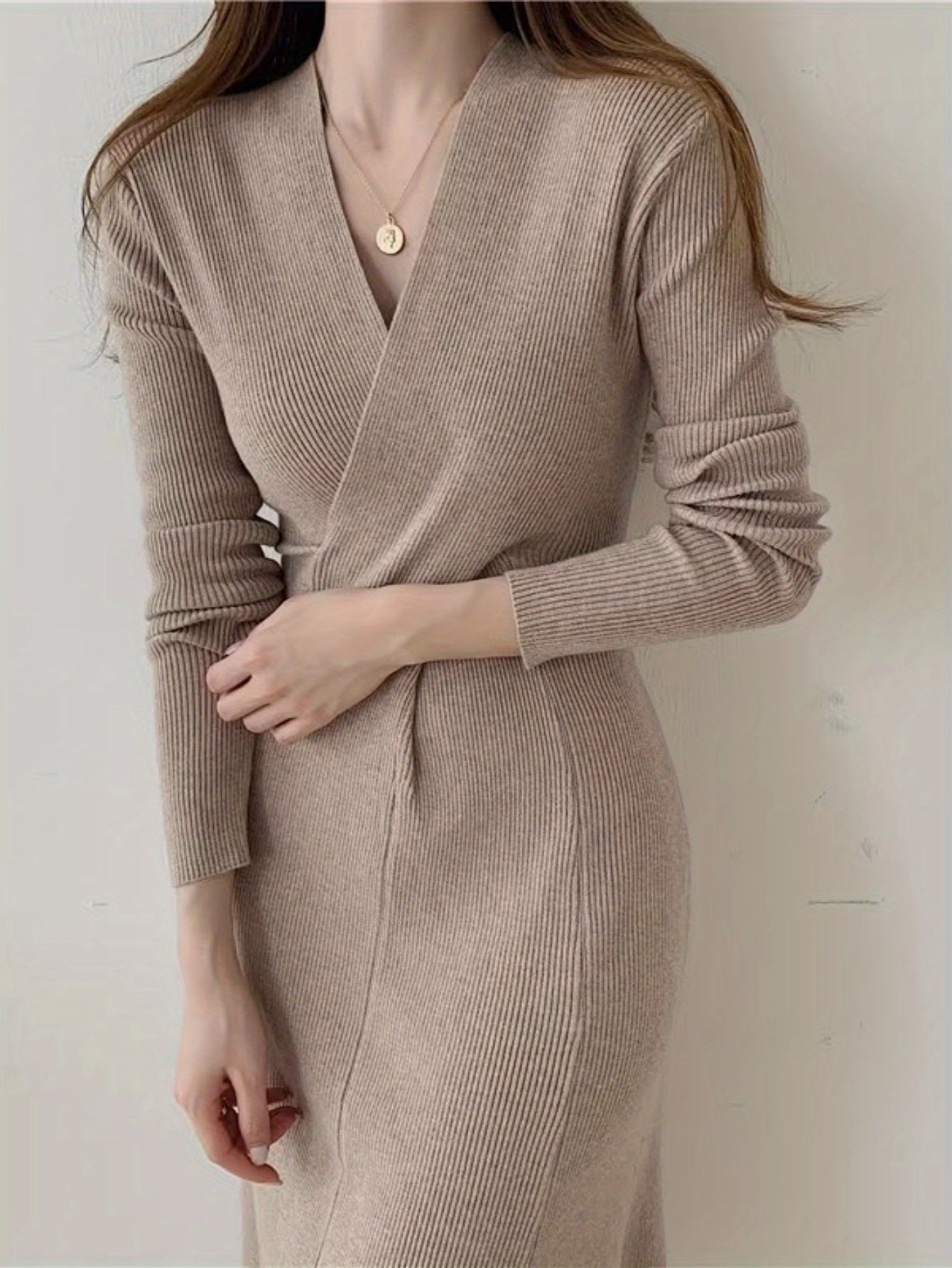 Antmvs Solid Bodycon Midi Dress, Casual V Neck Long Sleeve Dress, Women's Clothing