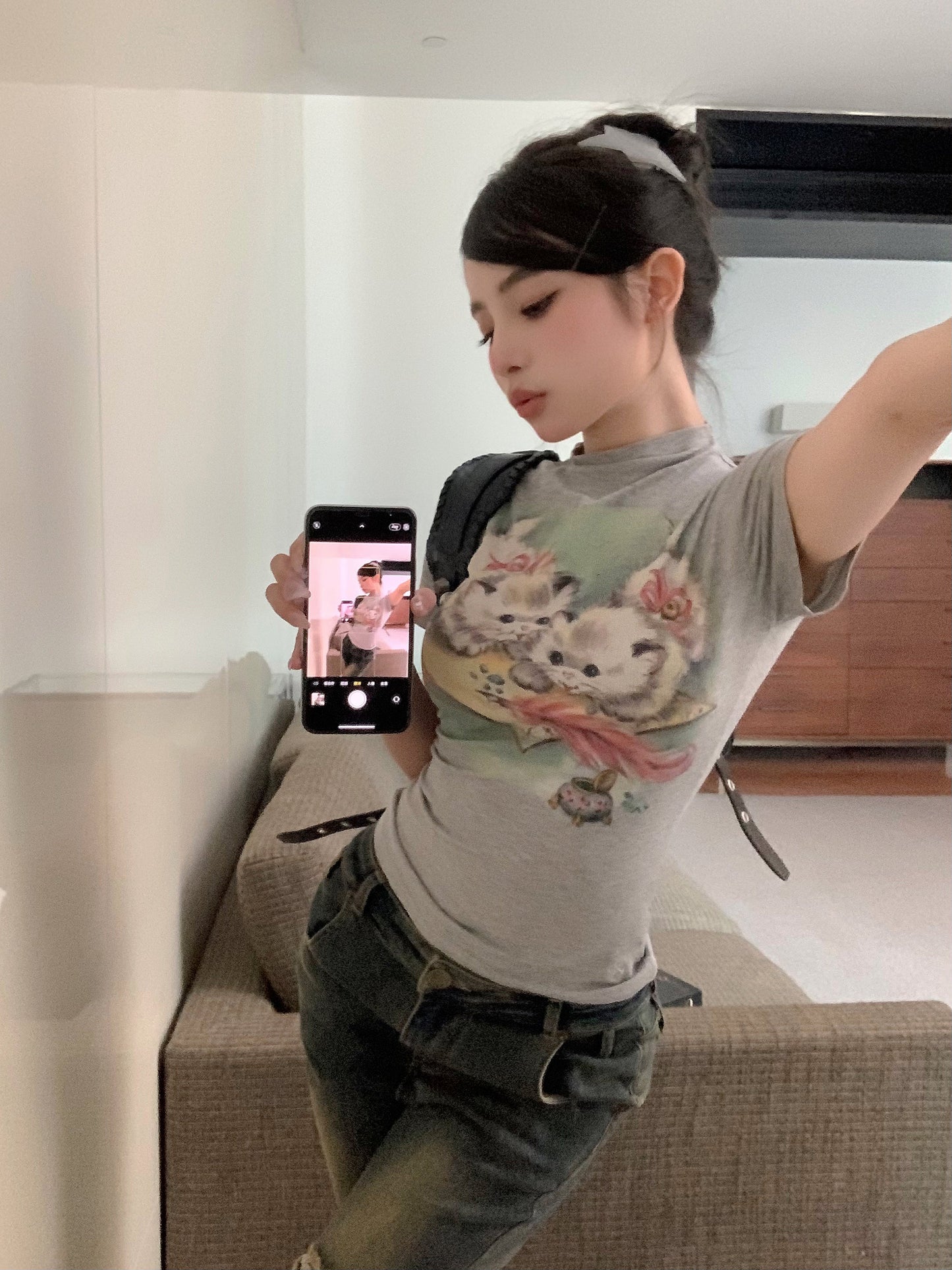 Antmvs Willa Solid Color Graphic Cat Image Print Slim Summer Cropped Top