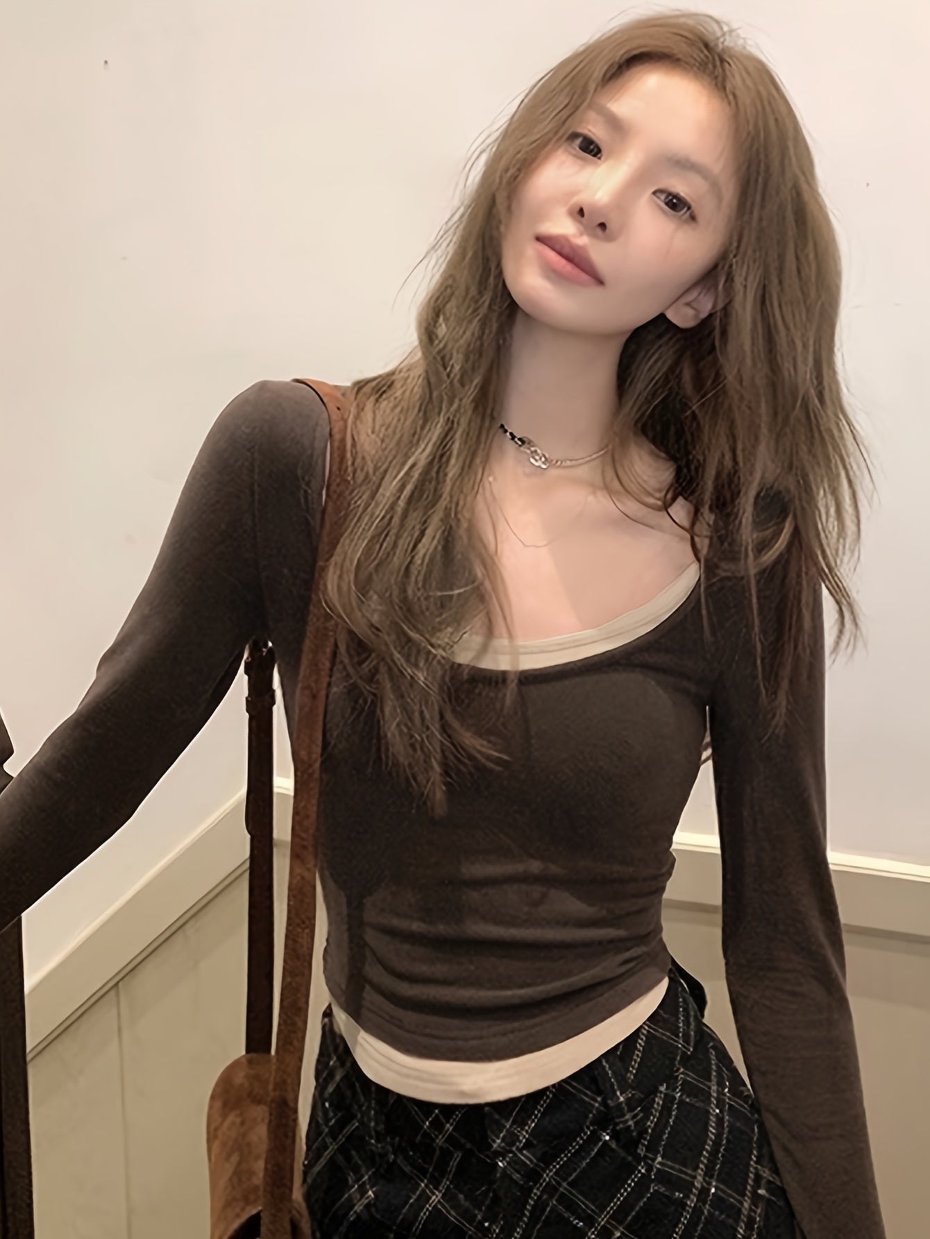 Antmvs Contrast Trim Crew Neck Crop T-Shirt, Casual Long Sleeve T-Shirt For Spring & Fall, Women's Clothing