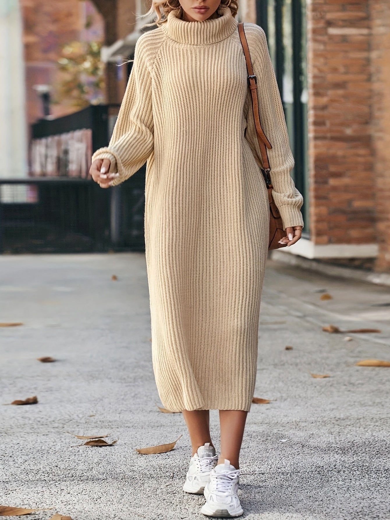 Antmvs Turtleneck Ribbed Sweater Dress, Casual Solid Long Sleeve Midi Dress, Women's Clothing
