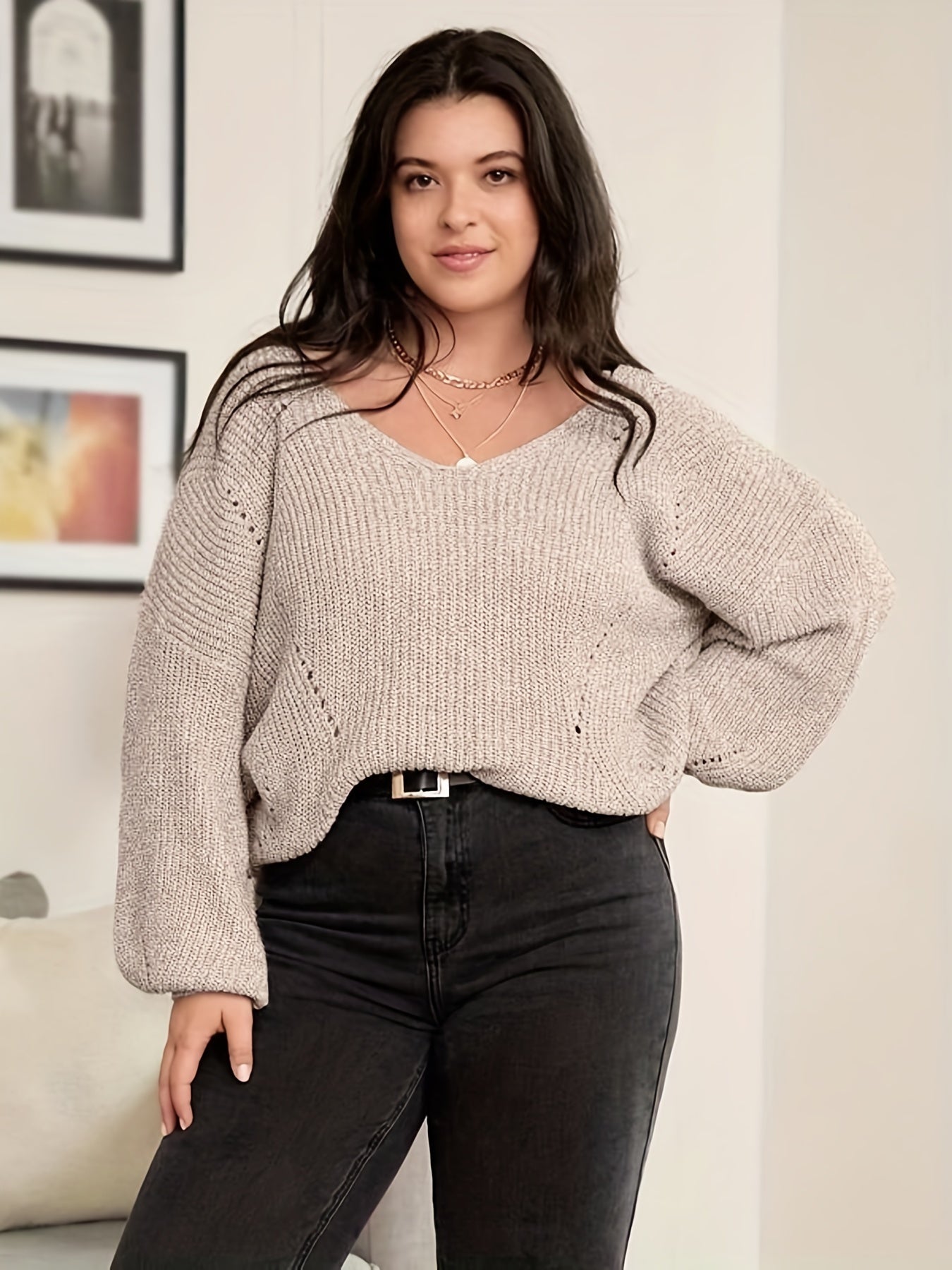 Antmvs Plus Size Casual Sweater, Women's Plus Plain Lantern Sleeve V Neck Slight Stretch Sweater