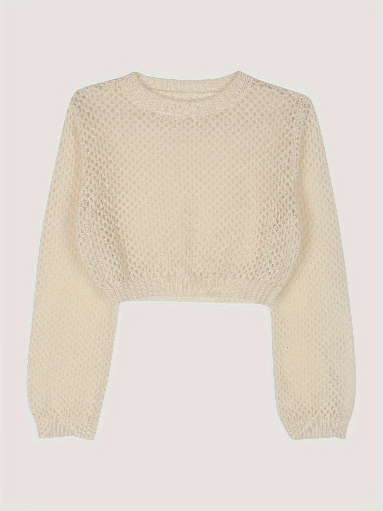 Antmvs Solid Hollow Out Crochet Coverup, Elegant Long Sleeve Crop Top For Spring & Summer, Women's Clothing