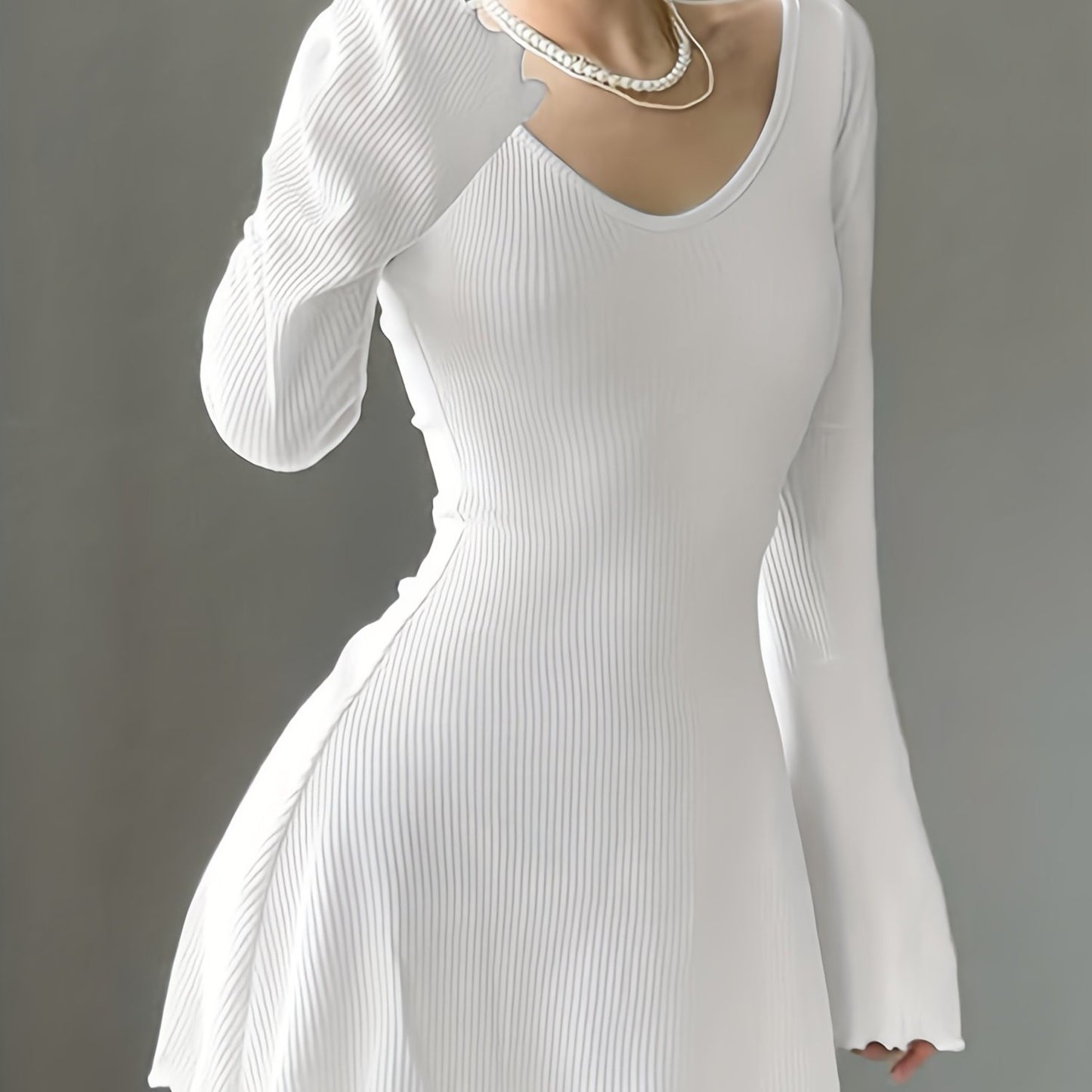 Antmvs Lettuce Trim Solid Dress, Elegant Crew Neck Long Sleeve Dress, Women's Clothing