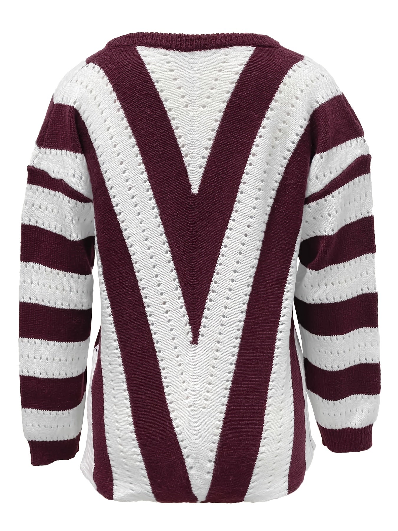 Antmvs Striped Pattern Eyelet Embroidered V Neck Pullover Sweater, Casual Long Sleeve Sweater For Fall & Winter, Women's Clothing