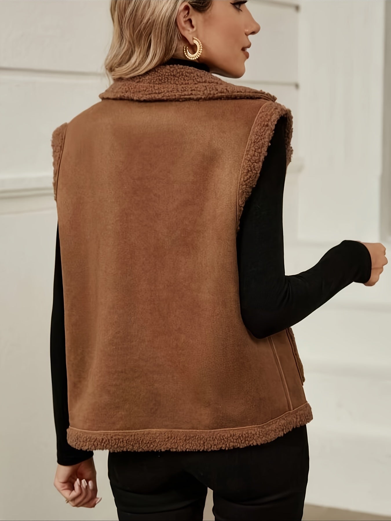 Antmvs Solid Patched Pockets Lapel Vest, Vintage Sleeveless Outwear For Fall & Winter, Women's Clothing