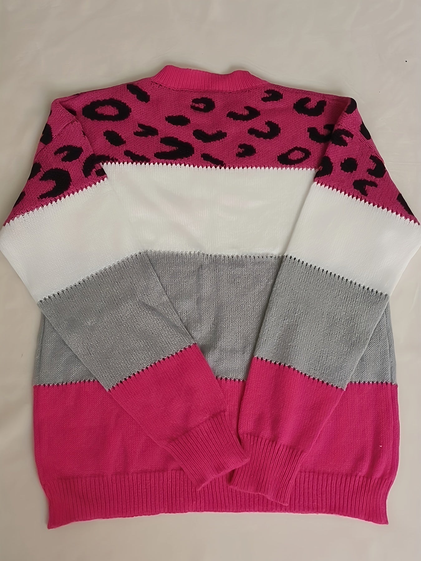 Antmvs Leopard Pattern Color Block Sweater, Casual Loose Drop Shoulder Thermal Pullover Knitted Top, Women's Clothing