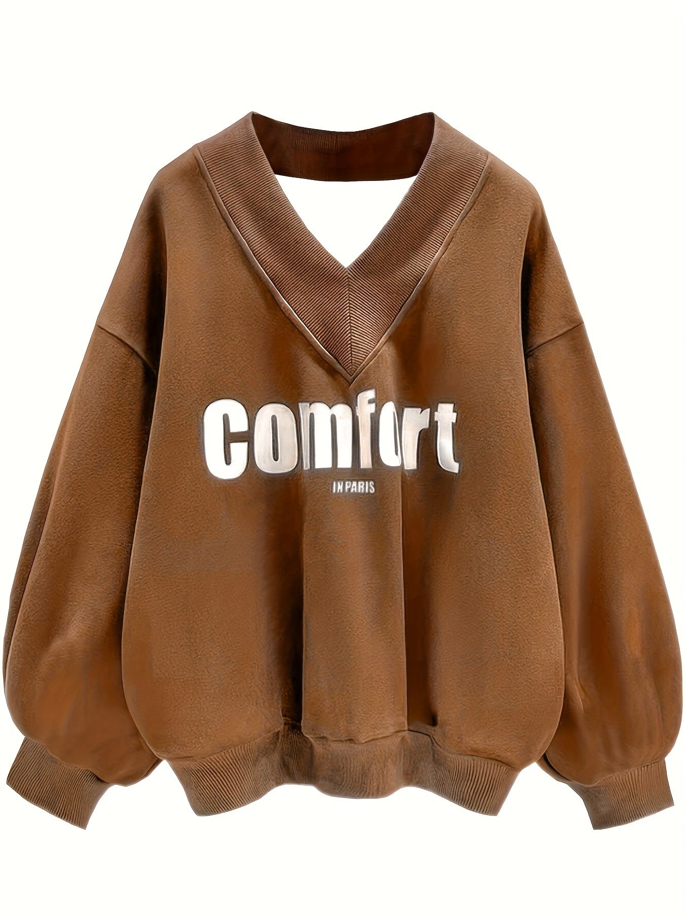 Antmvs Letter Graphic Print Sweatshirt, Long Sleeve V Neck Pullover Sweatshirt, Casual Tops For Fall & Winter, Women's Clothing
