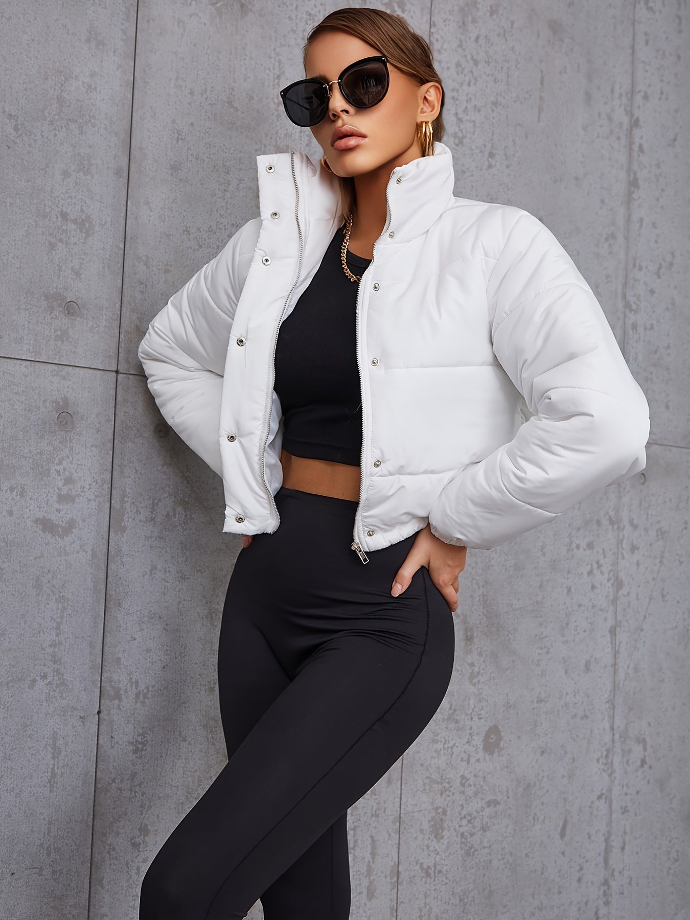 Antmvs Button Front Zip Up Padded Coat, Casual Winter Warm Long Sleeve Outerwear, Women's Clothing