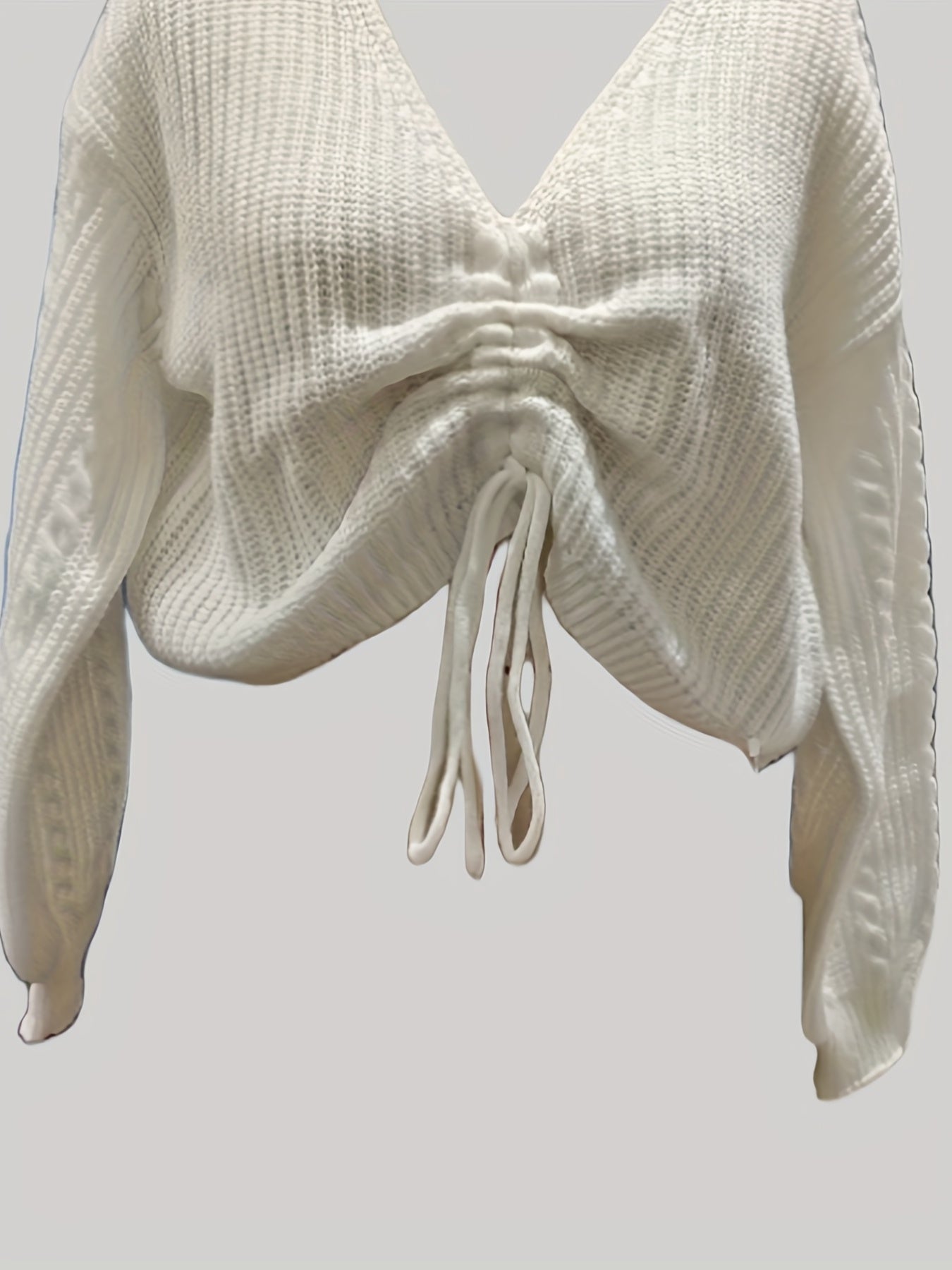Antmvs Drawstring V Neck Crop Sweater, Casual Long Sleeve Sweater For Fall & Winter, Women's Clothing