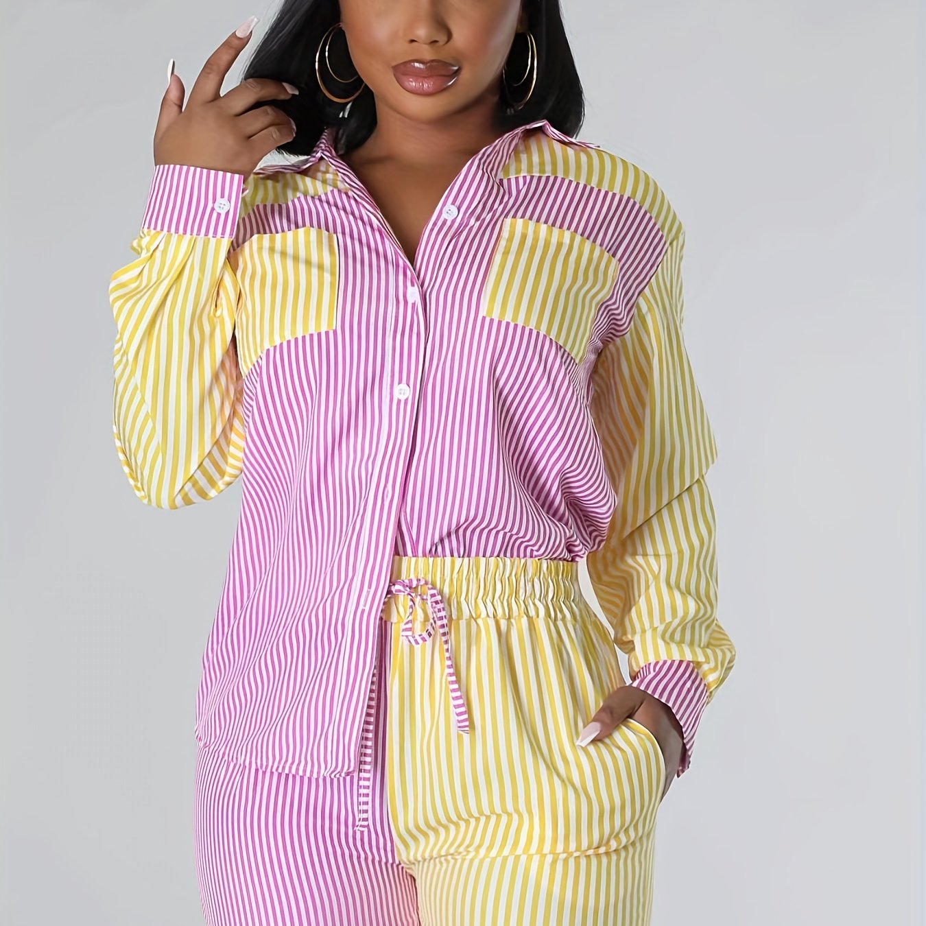Antmvs Color Block Two Piece Set, Casual Striped Button Front Shirt & Drawstring Shorts For Spring & Summer, Women's Clothing