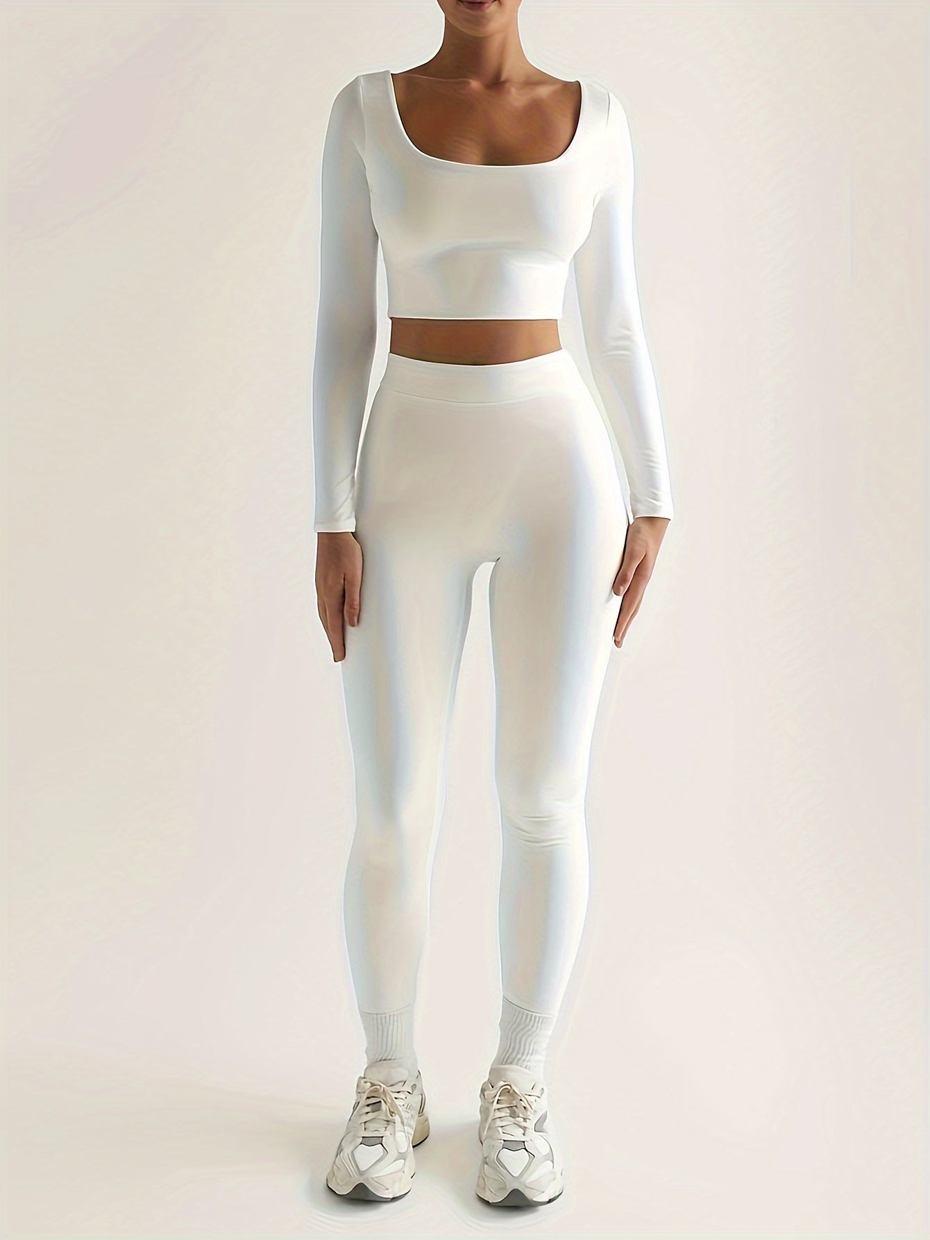 Antmvs Solid Slim Two-piece Set, Casual Long Sleeve Crop Top & High Waist Skinny Pants Outfits, Women's Clothing