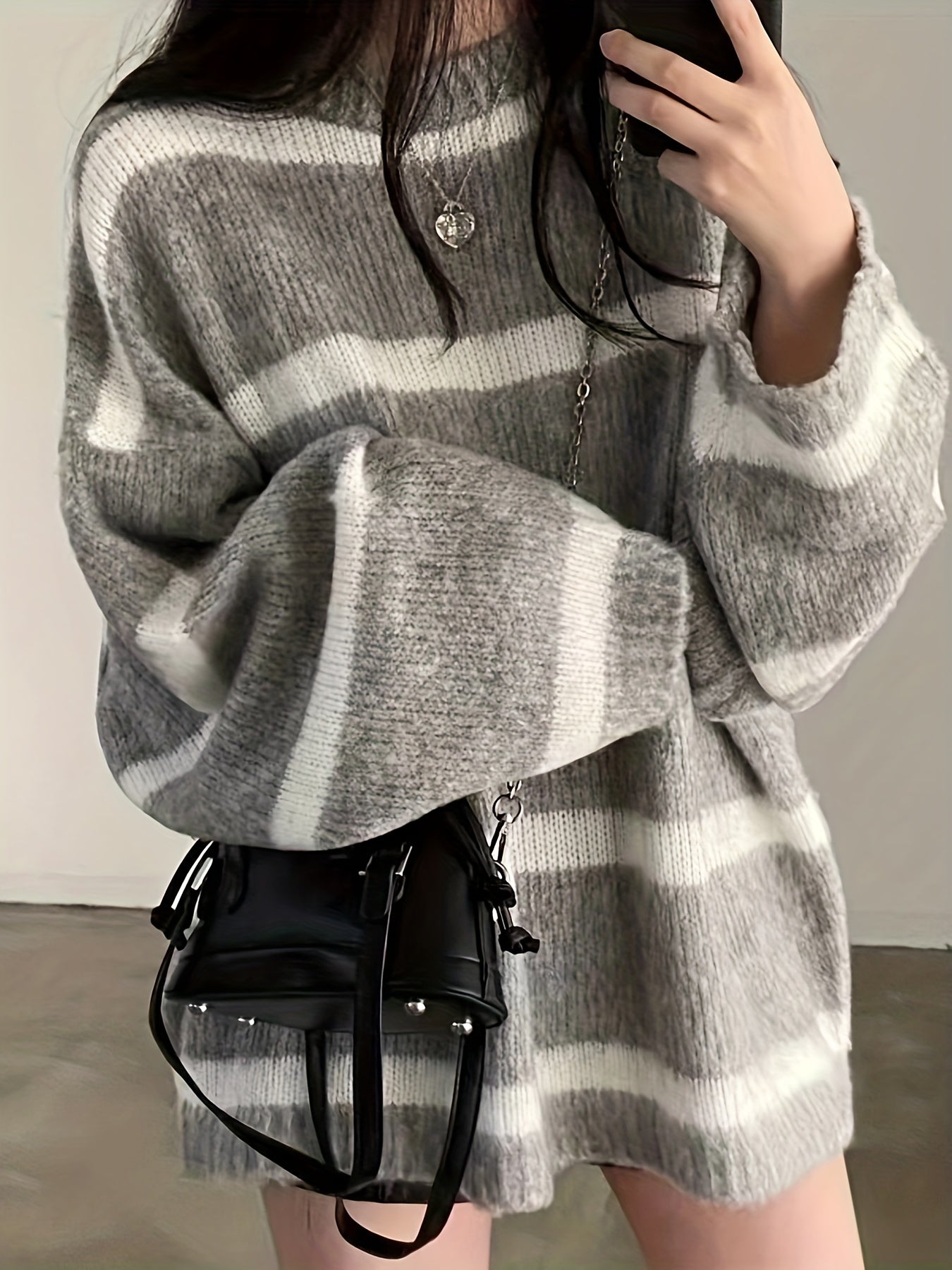 Antmvs Striped Crew Neck Pullover Sweater, Casual Long Sleeve Oversized Cozy Sweater, Women's Clothing