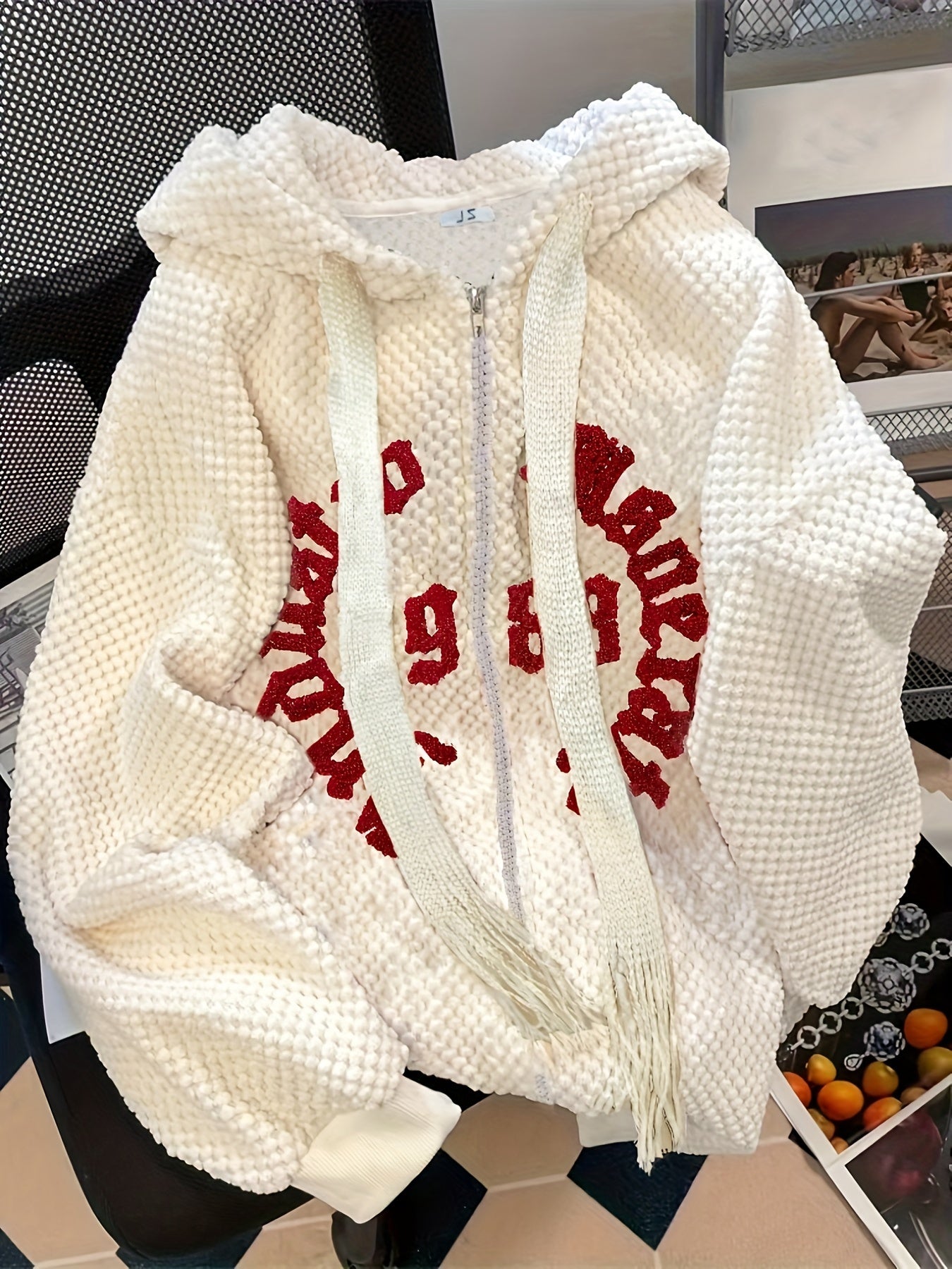 Antmvs Slogan Print Zip-up Textured Hoodie, Casual Long Sleeve Drawstring Hoodie Outerwear, Women's Clothing