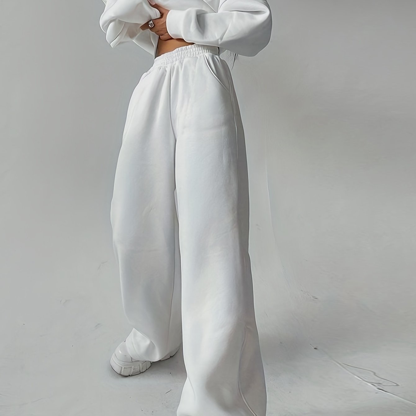 Antmvs Casual Solid Two-piece Set, Kangaroo Pocket Hoodie & Wide Leg Pants Outfits, Women's Clothing