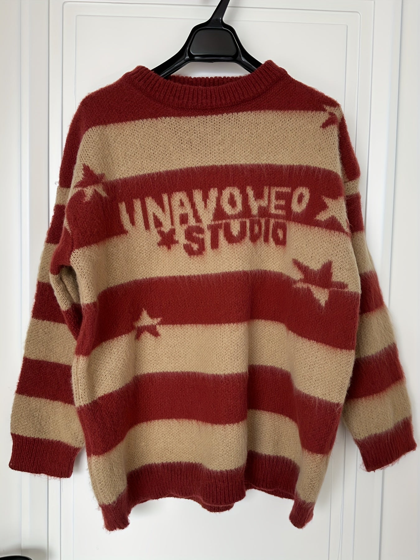 Antmvs Letter Pattern Striped Knit Sweater, Casual Long Sleeve Pullover Sweater, Women's Clothing