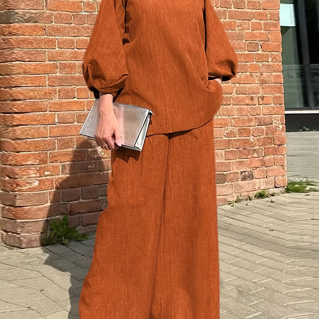 Antmvs Solid Casual Two-piece Set, V Neck Lantern Sleeve Tops & Wide Leg Pants Outfits, Women's Clothing