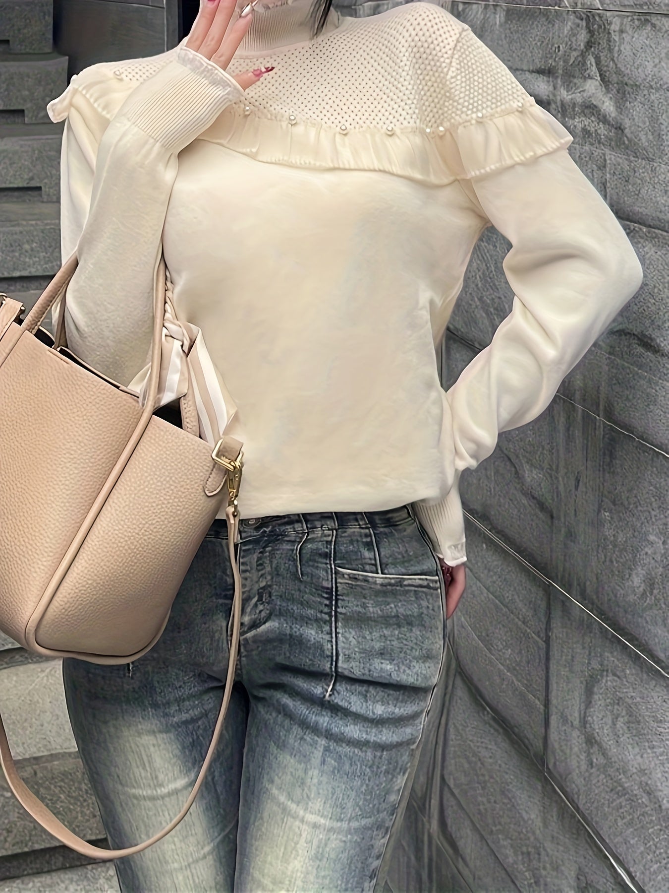 Antmvs Beaded Lace Trim Turtle Neck Knitted Top, Elegant Long Sleeve Slim Sweater For Spring & Fall, Women's Clothing