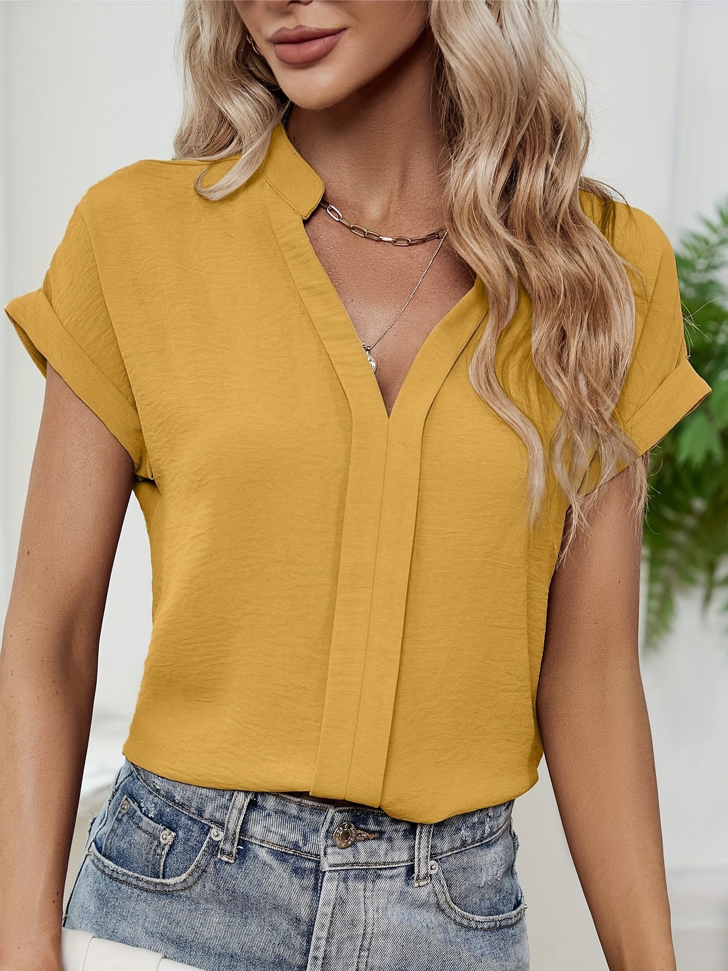 Antmvs Solid V Neck Blouse, Casual Short Sleeve Summer Comfy Blouse, Women's Clothing
