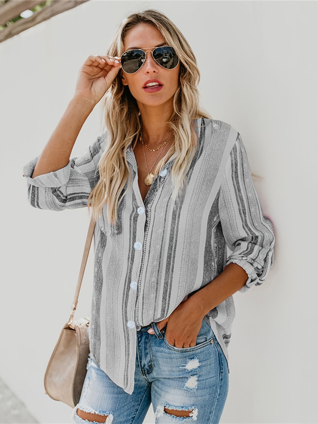 Antmvs Casual Striped Shirt, Button Up Top For Spring & Fall, Women's Clothing