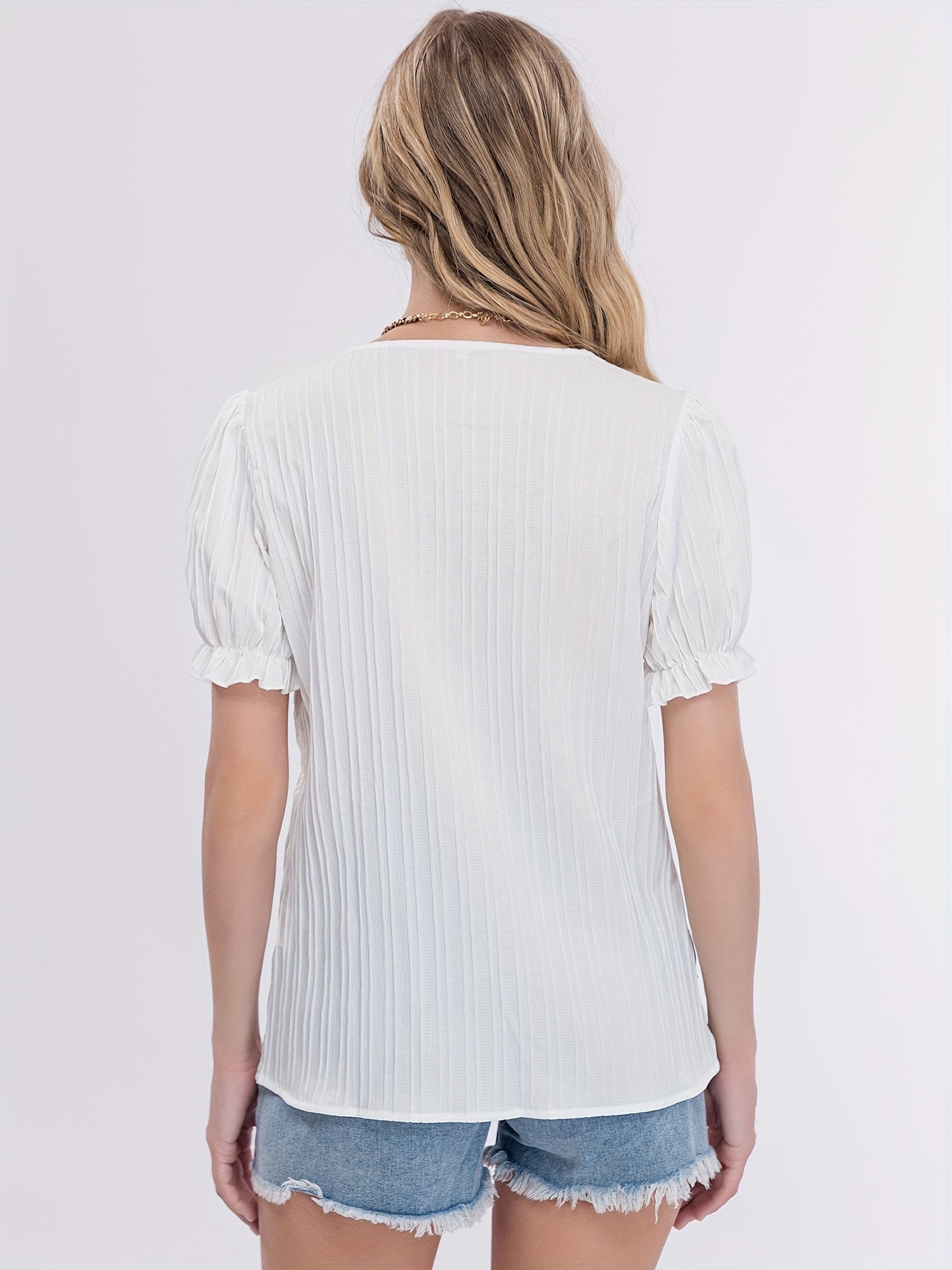 Antmvs Striped Solid Blouse, V Neck Casual Short Sleeve Versatile Blouse, Women's Clothing