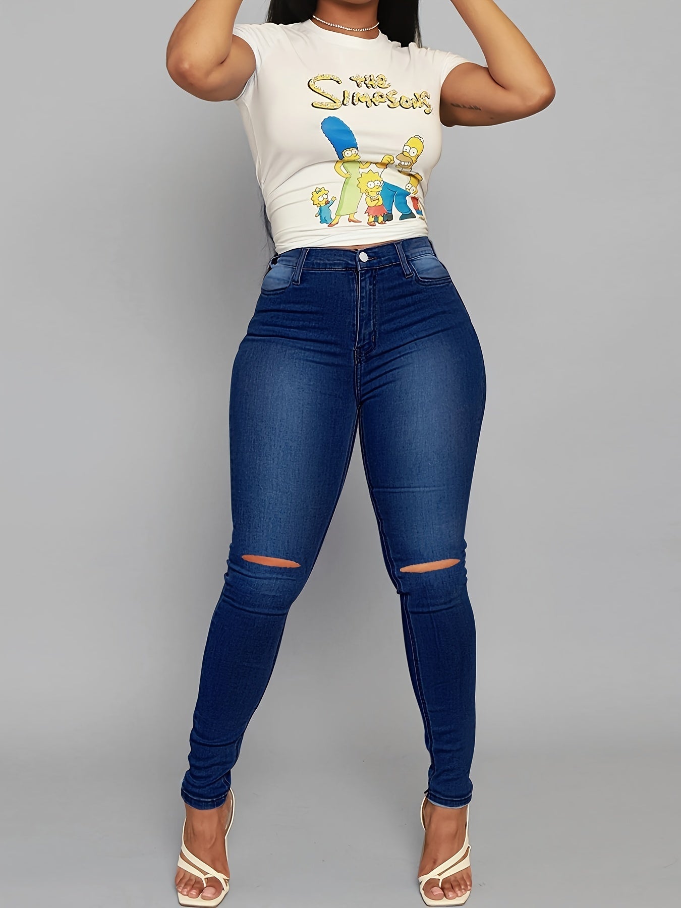 Antmvs High Rise Ripped Skinny Jeans, High Waist Curvy Distressed Long Stacked Hem Denim Pants, Women's Denim & Clothing