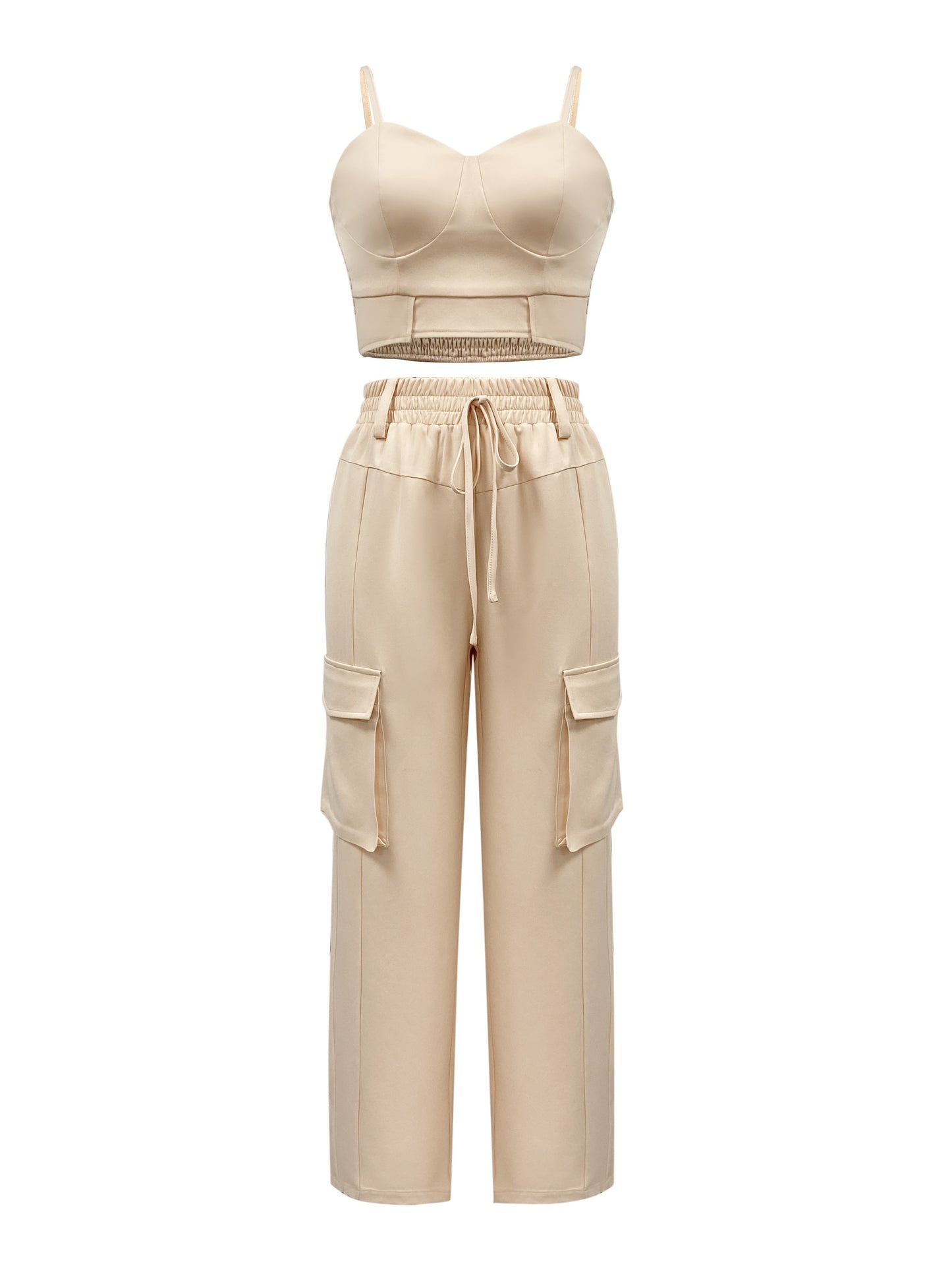 Antmvs Solid Casual Two-piece Set, Spaghetti Cropped Shirred Vest & High Waist Drawstring Pants Outfits, Women's Clothing