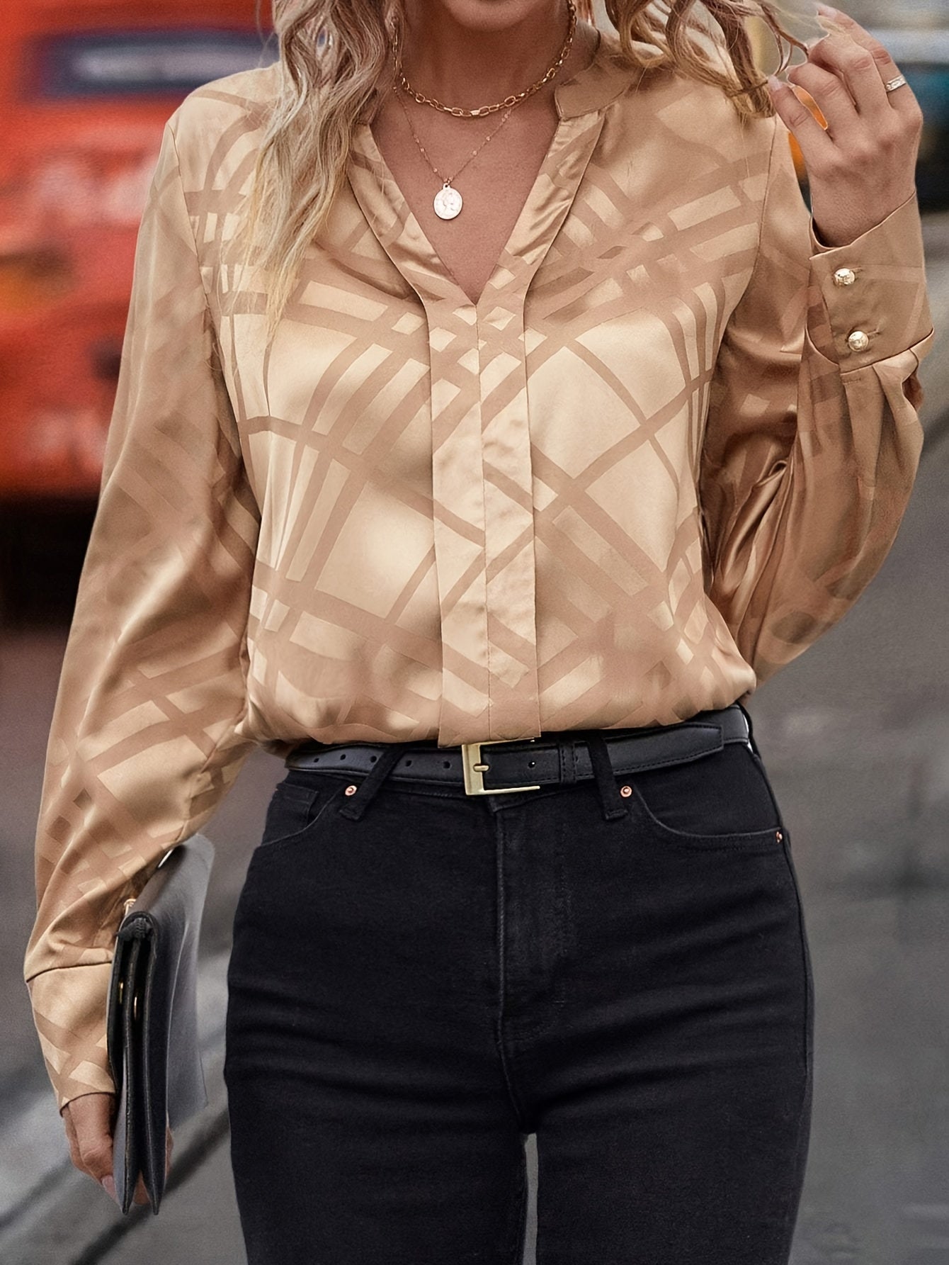 Antmvs Solid V Neck Blouse, Elegant Long Sleeve Blouse For Spring & Fall, Women's Clothing