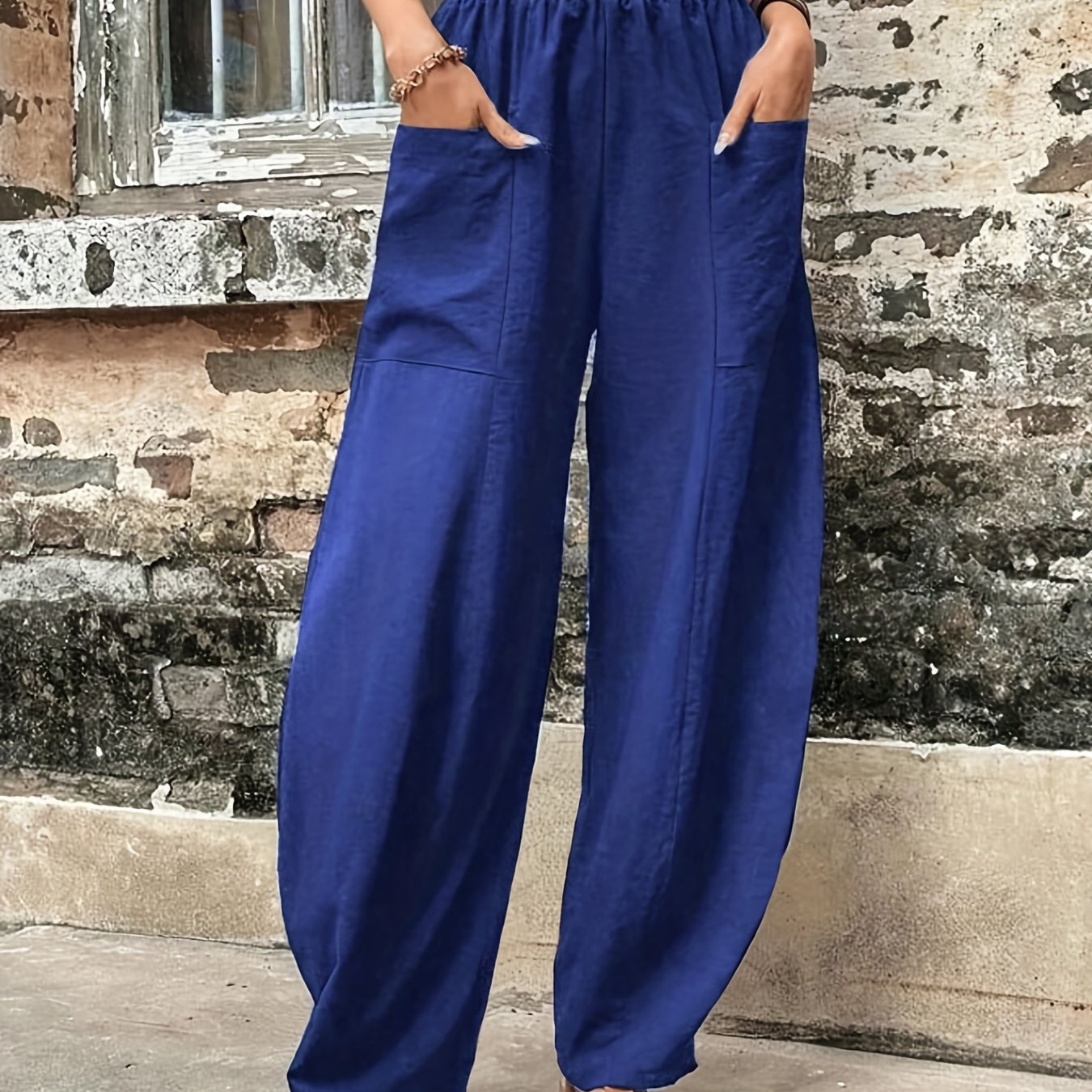 Antmvs Boho Solid Elastic Waist Harem Pants, Casual Long Length Baggy Pants With Pockets For Spring & Summer, Women's Clothing