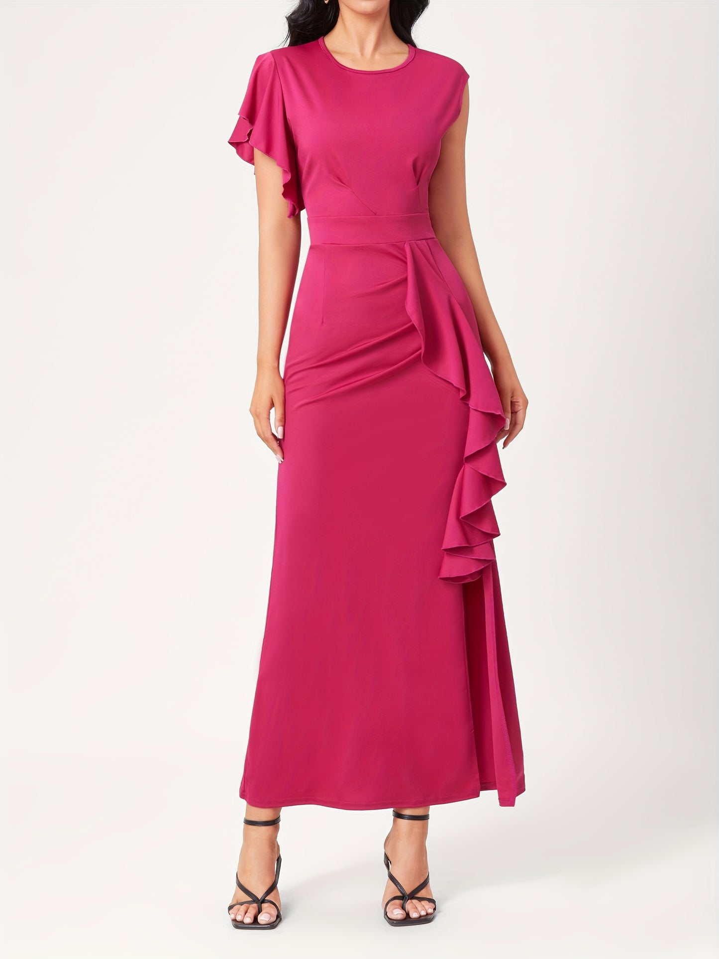 Antmvs Ruffle Trim Split Asymmetrical Dress, Elegant Solid Bodycon Party Dress, Women's Clothing