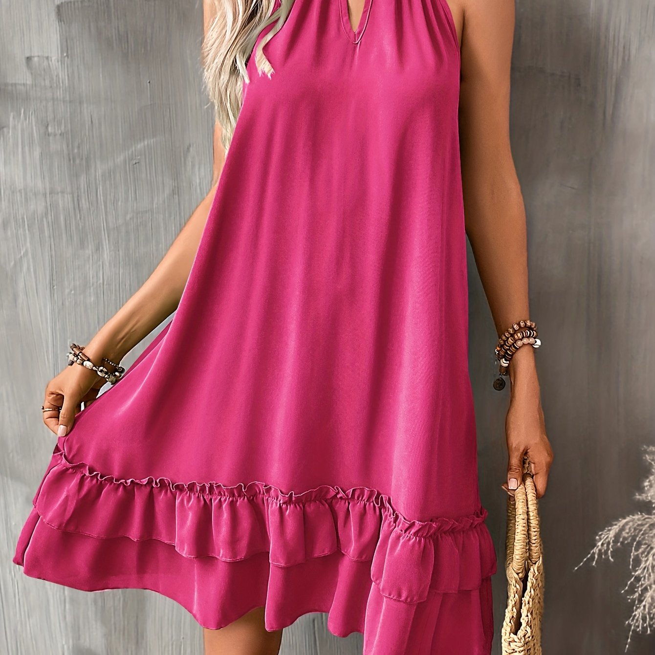 Antmvs Layered Keyhole Dress, Sexy Knotted Ruffle Hem Sleeveless Dress, Women's Clothing