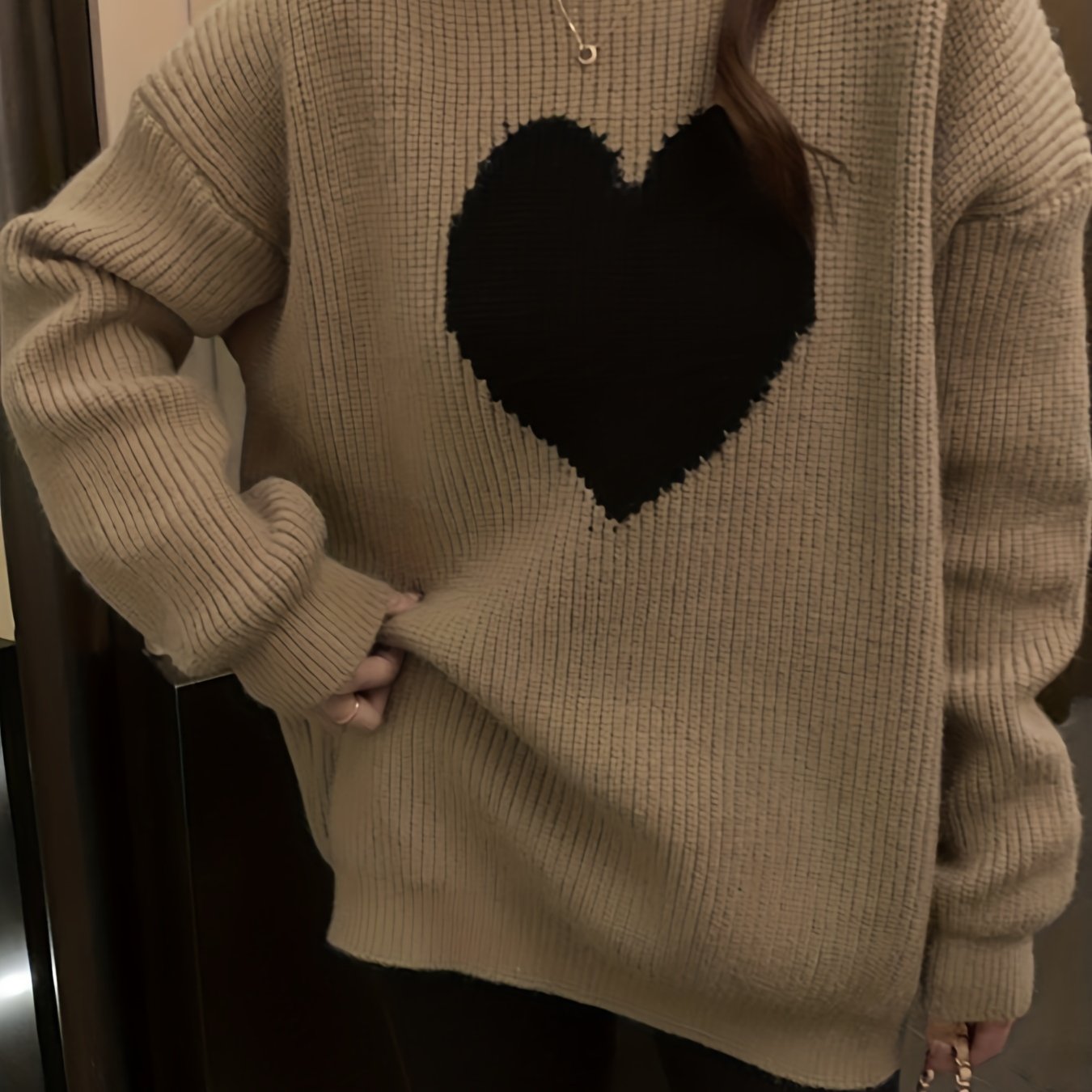 Antmvs Heart Pattern Crew Neck Pullover Sweater, Casual Long Sleeve Drop Shoulder Sweater, Women's Clothing