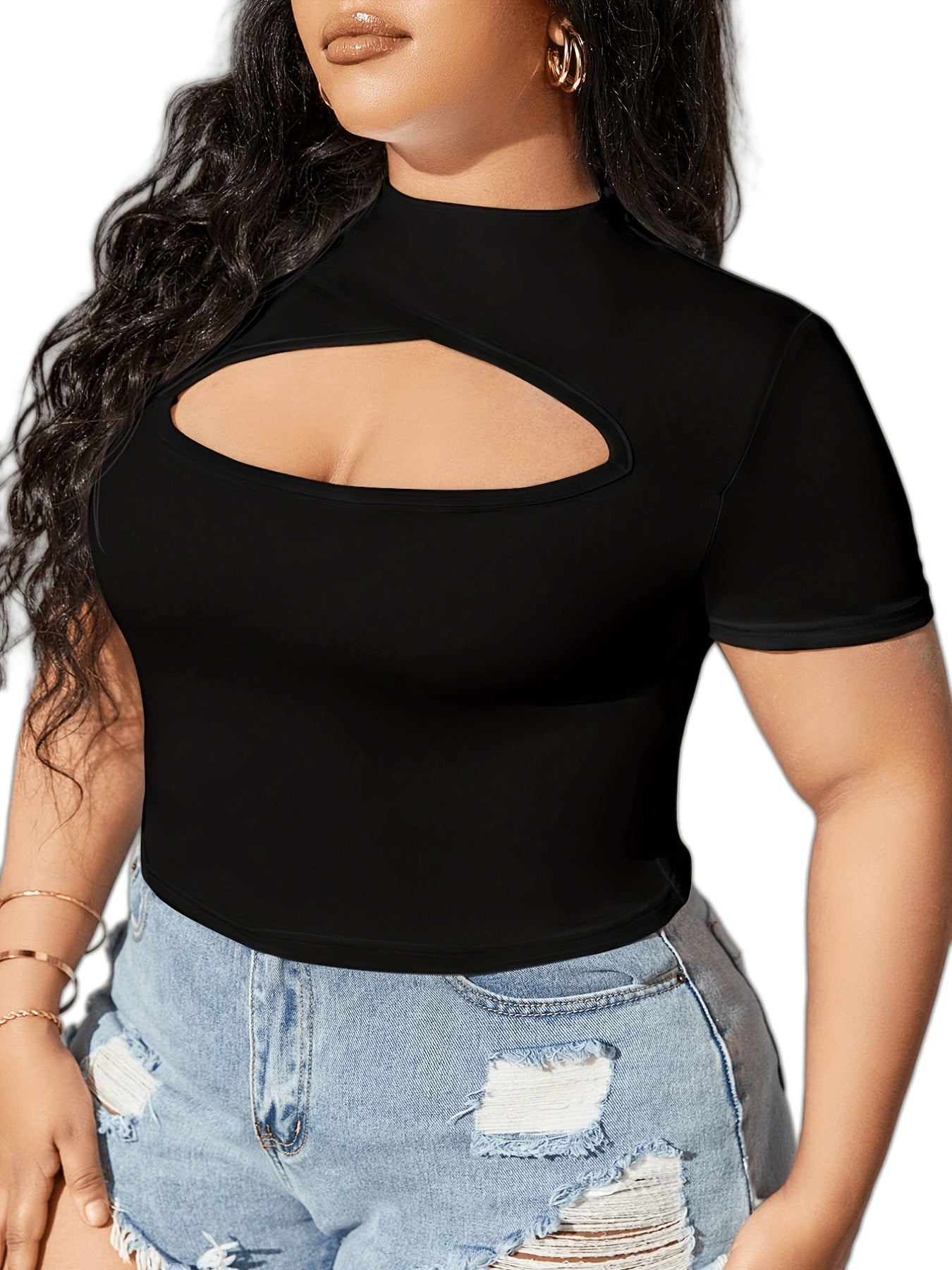 Antmvs Plus Size Sporty Top, Women's Plus Plain Cut Out Short Sleeve High Neck Slight Stretch Top