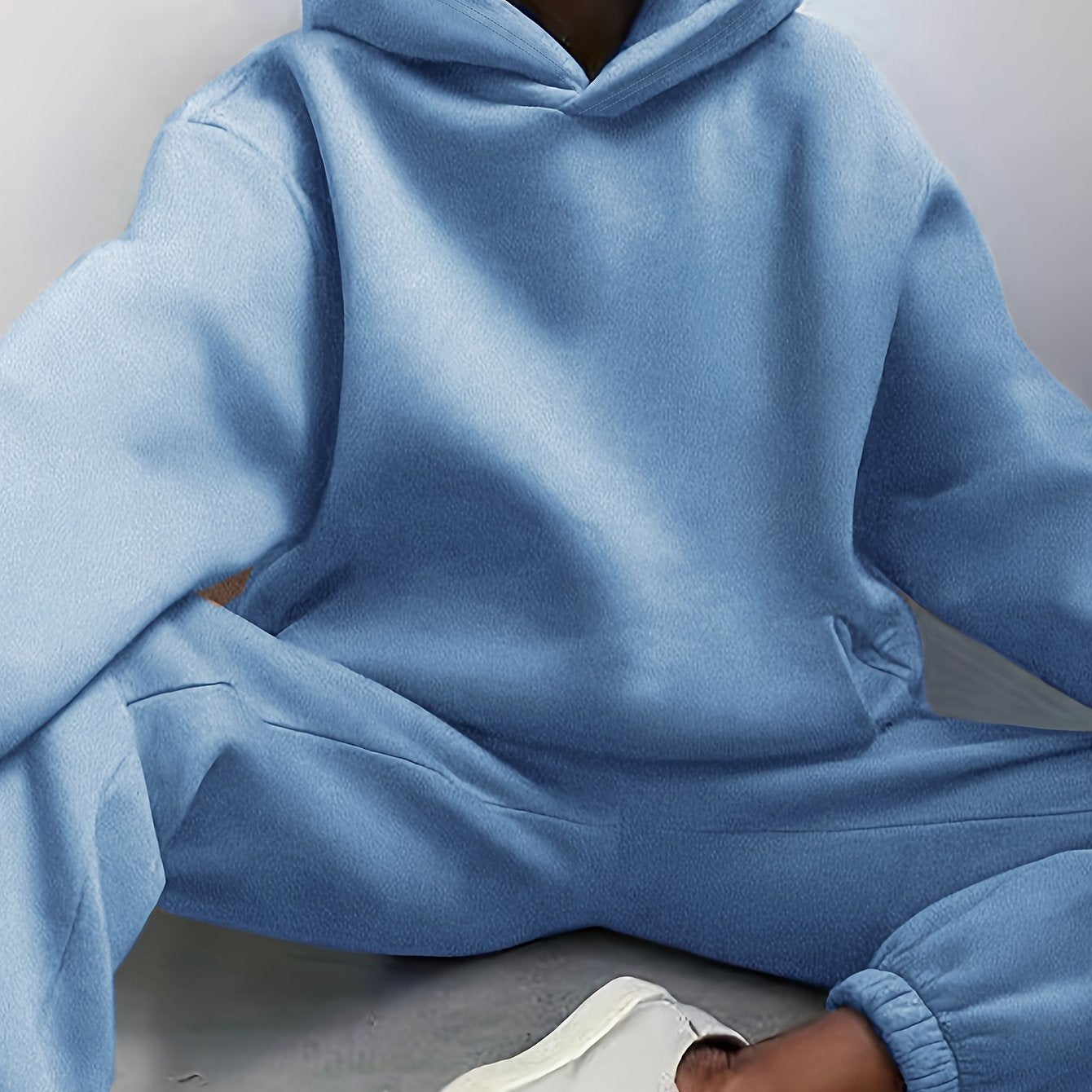 Antmvs Casual Solid Two-piece Set, Drop Shoulder Long Sleeve Hoodies & Elastic Waist Jogger Pants Outfits, Women's Clothing