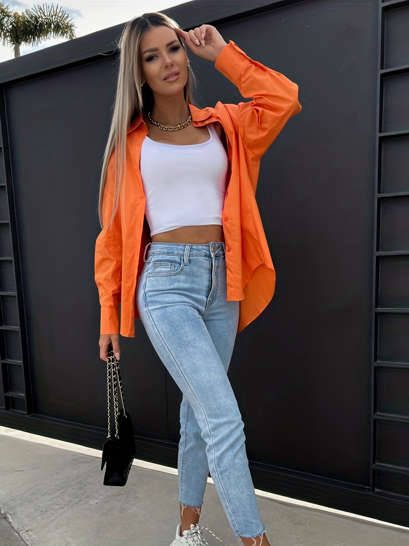 Antmvs V-neck Loose Lapel Blouses, Casual Button Down Long Sleeve Fashion Spring Summer Shirts Tops, Women's Clothing