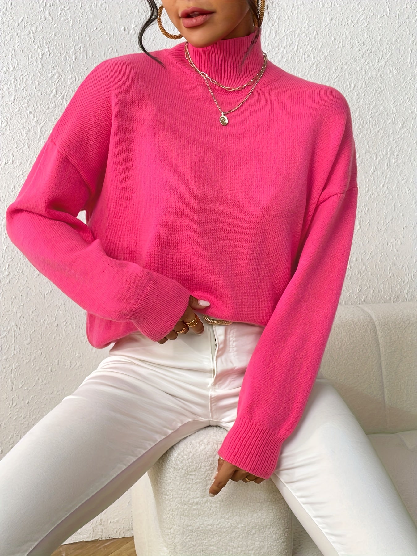 Antmvs Solid Mock Neck Knit Sweater, Casual Drop Shoulder Long Sleeve Sweater, Women's Clothing