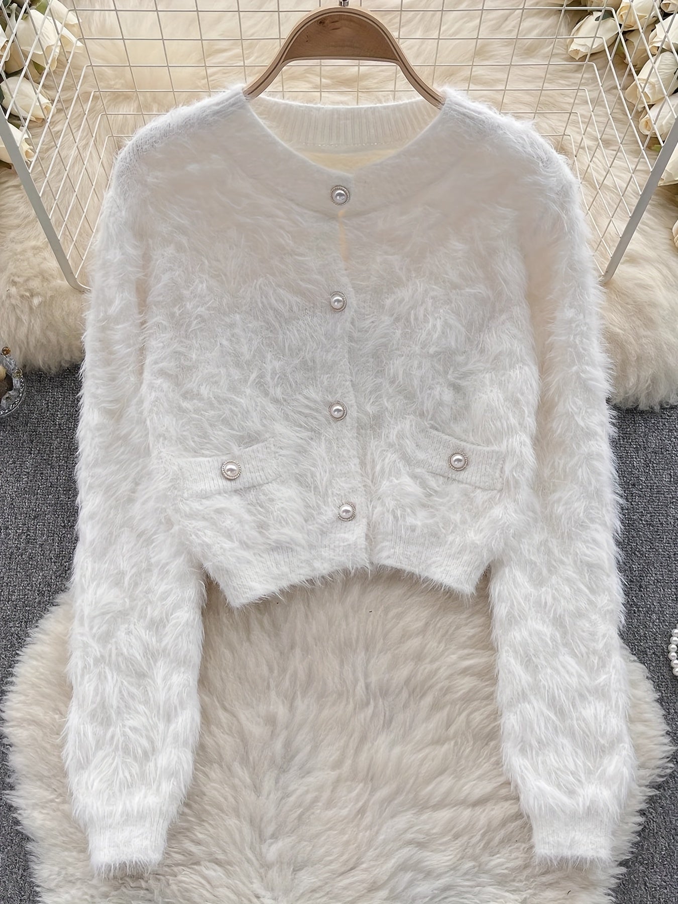 Antmvs Faux Fur Button Down Knit Cardigan, Elegant Long Sleeve Cozy Stylish Sweater, Women's Clothing
