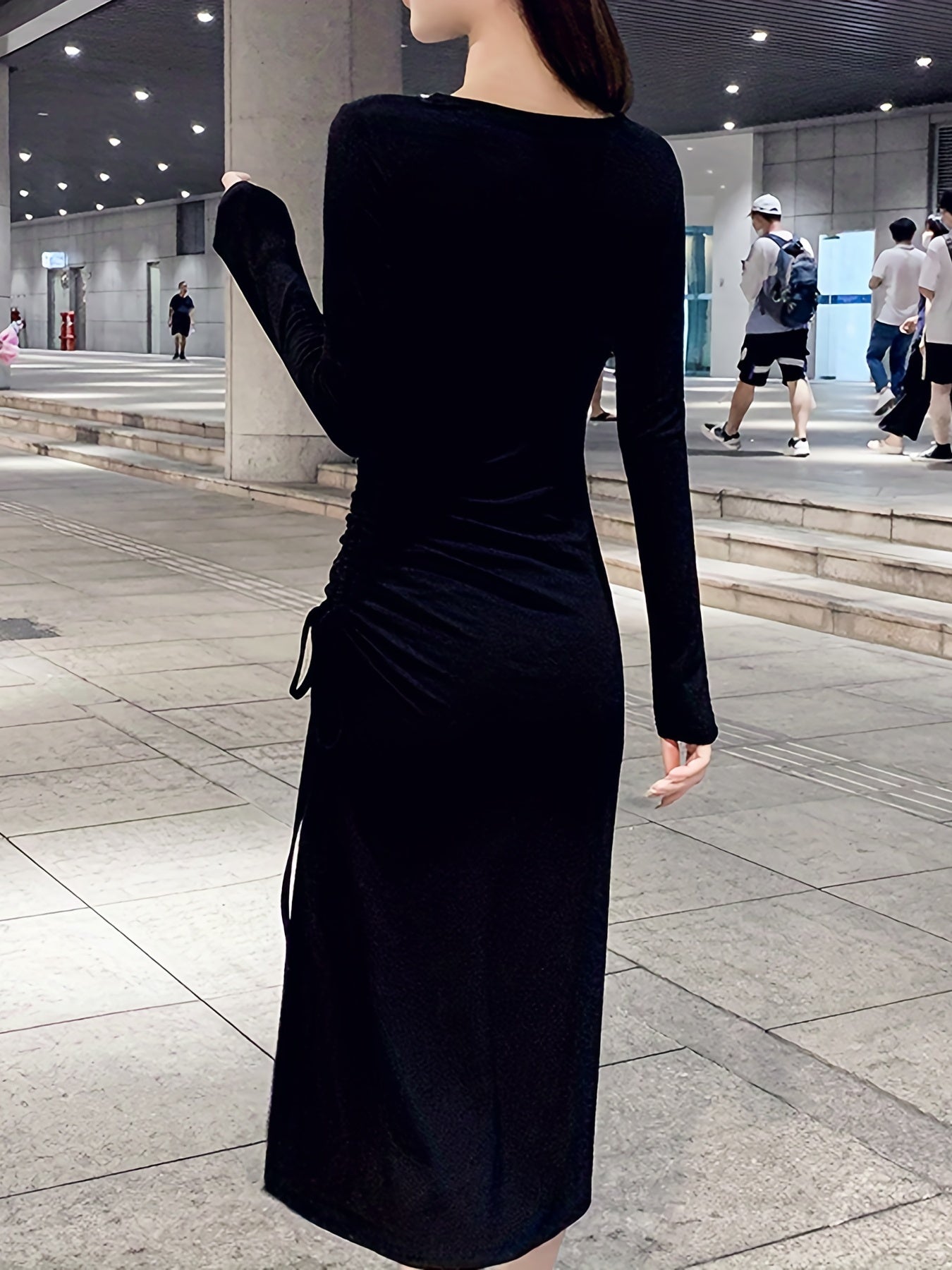 Antmvs Split Hem Drawstring Ruched Dress, Stylish V Neck Long Sleeve Dress For Spring & Fall, Women's Clothing
