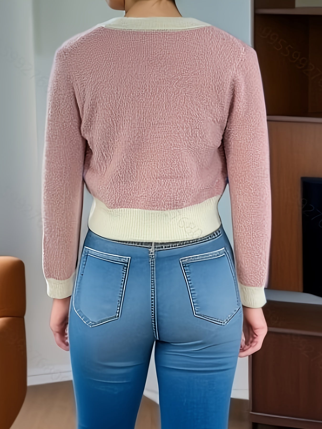 Antmvs Color Block Button Up Knit Cardigan, Casual Long Sleeve Cozy Crop Sweater, Women's Clothing
