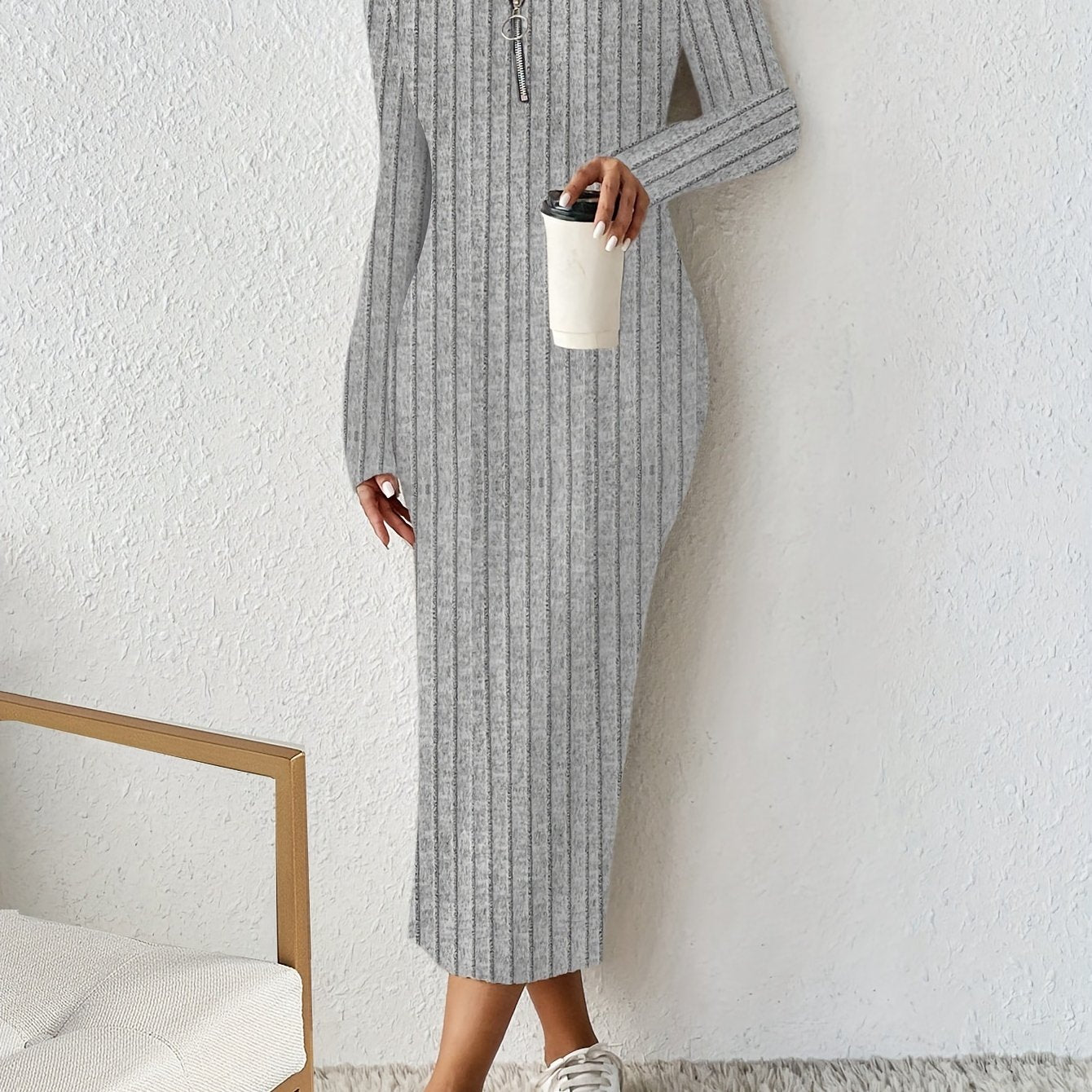 Antmvs Half Zip Ribbed Dress, Casual Solid Long Sleeve Every Day Dress, Women's Clothing