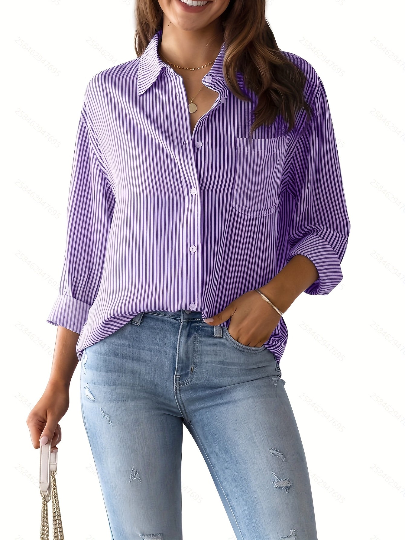 Antmvs Women's Loose Striped Blouse, Crew Neck Long Sleeve Blouse, Casual Every Day Blouse, Women's Clothing