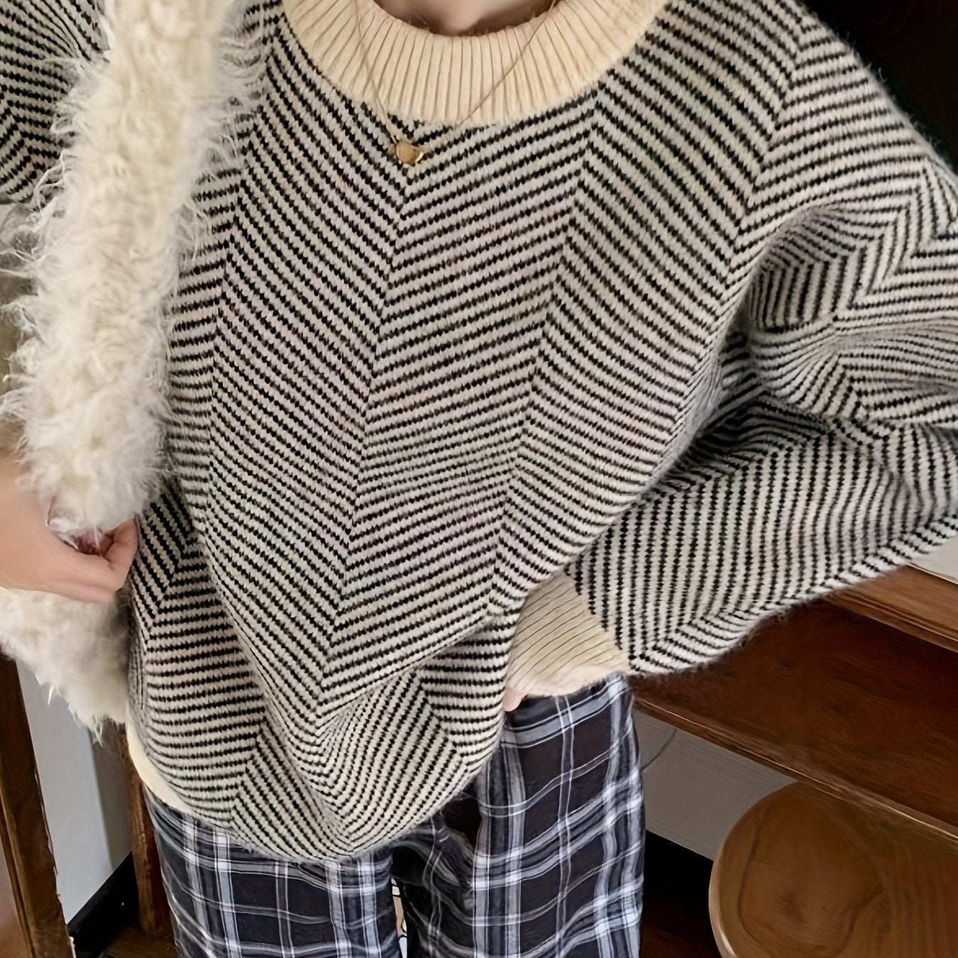 Antmvs Striped Crew Neck Pullover Sweater, Casual Long Sleeve Loose Sweater, Women's Clothing