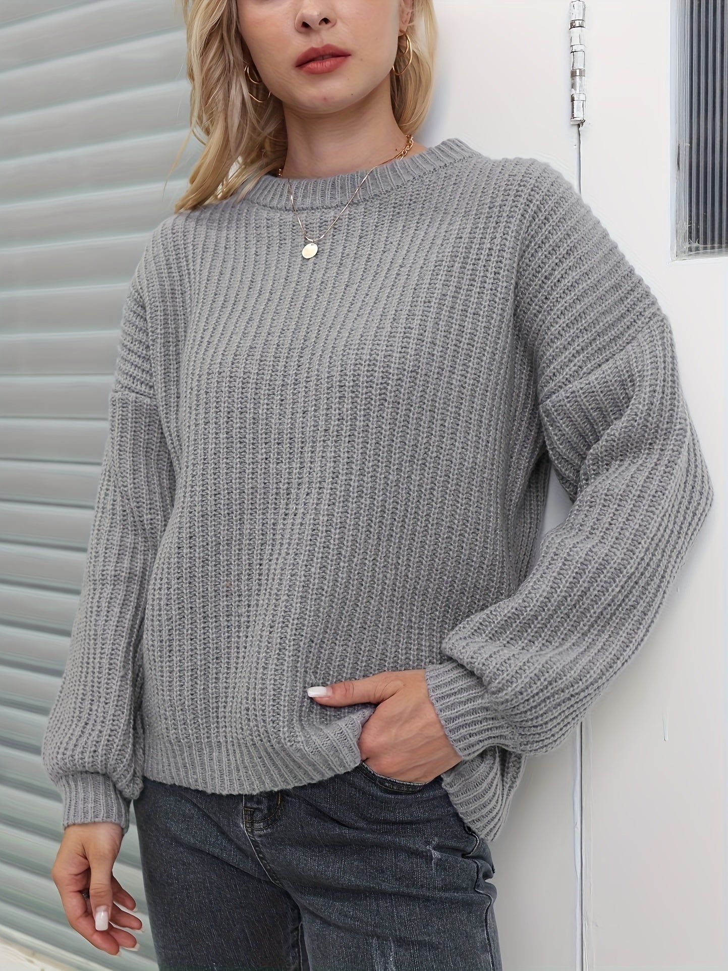 Antmvs Solid Versatile Knit Pullover Sweater, Casual Crew Neck Drop Shoulder Long Sleeve Sweater, Women's Clothing
