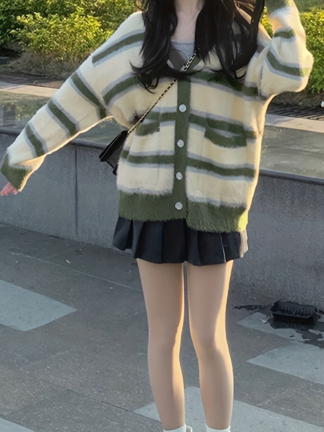 Antmvs Striped Button Down Knit Cardigan, Cute Long Sleeve Loose Sweater With Pocket, Women's Clothing