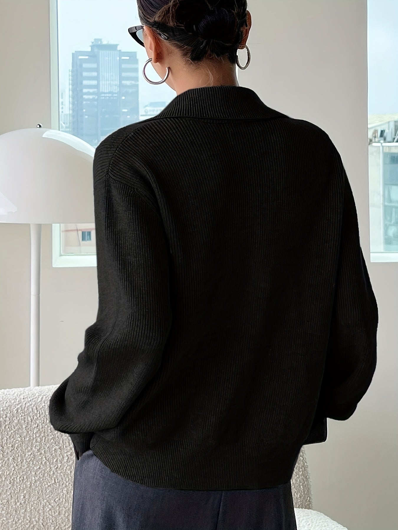Antmvs Y2K Solid Zip Up Cardigan, Turndown Collar Long Sleeve Sweater For Fall & Winter, Women's Clothing