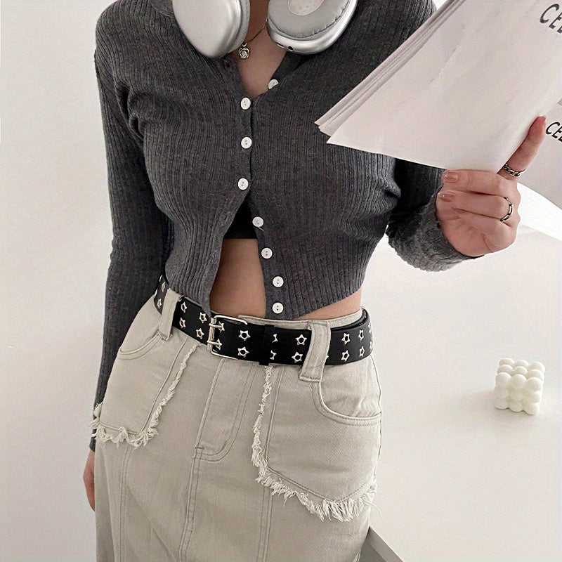 Antmvs Punk Pentagram Eyelet Belt Hip Hop Hollow Out Double Pin Buckle Rivet Belt Y2K Jeans Pants Belt For Women