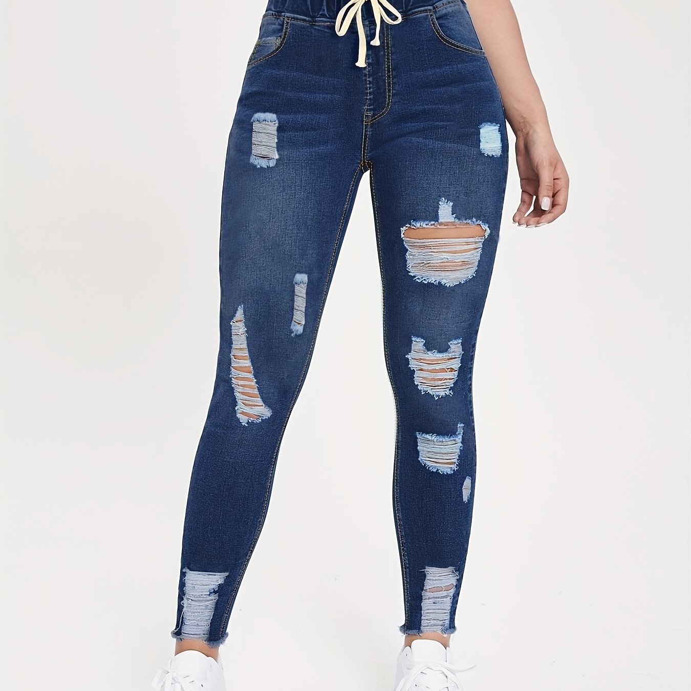 Antmvs Raw Hem Ripped Mom Jeans, Elastic Waistband Distressed Slash Pockets Denim Pants, Women's Denim Jeans & Clothing