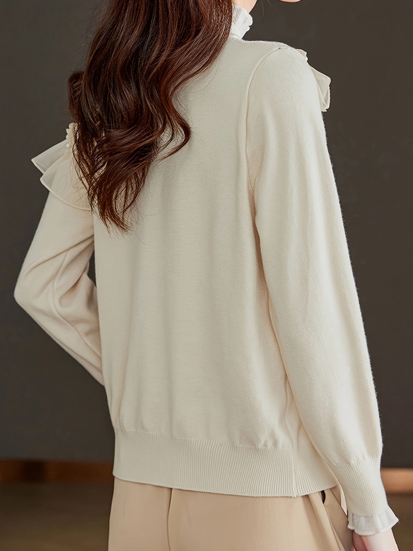 Antmvs Beaded Lace Trim Turtle Neck Knitted Top, Elegant Long Sleeve Slim Sweater For Spring & Fall, Women's Clothing
