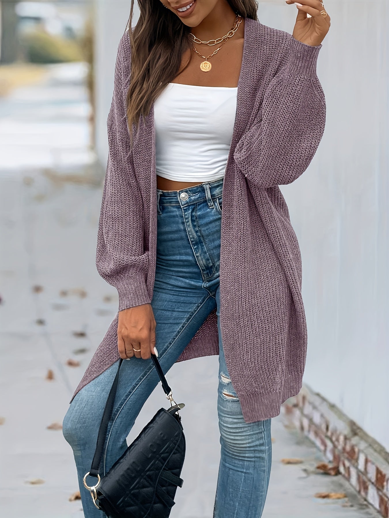 Antmvs Open Front Vintage Cardigan, Loose Long Sleeve Sweaters, Casual Long Knitwear Coat, Women's Clothing