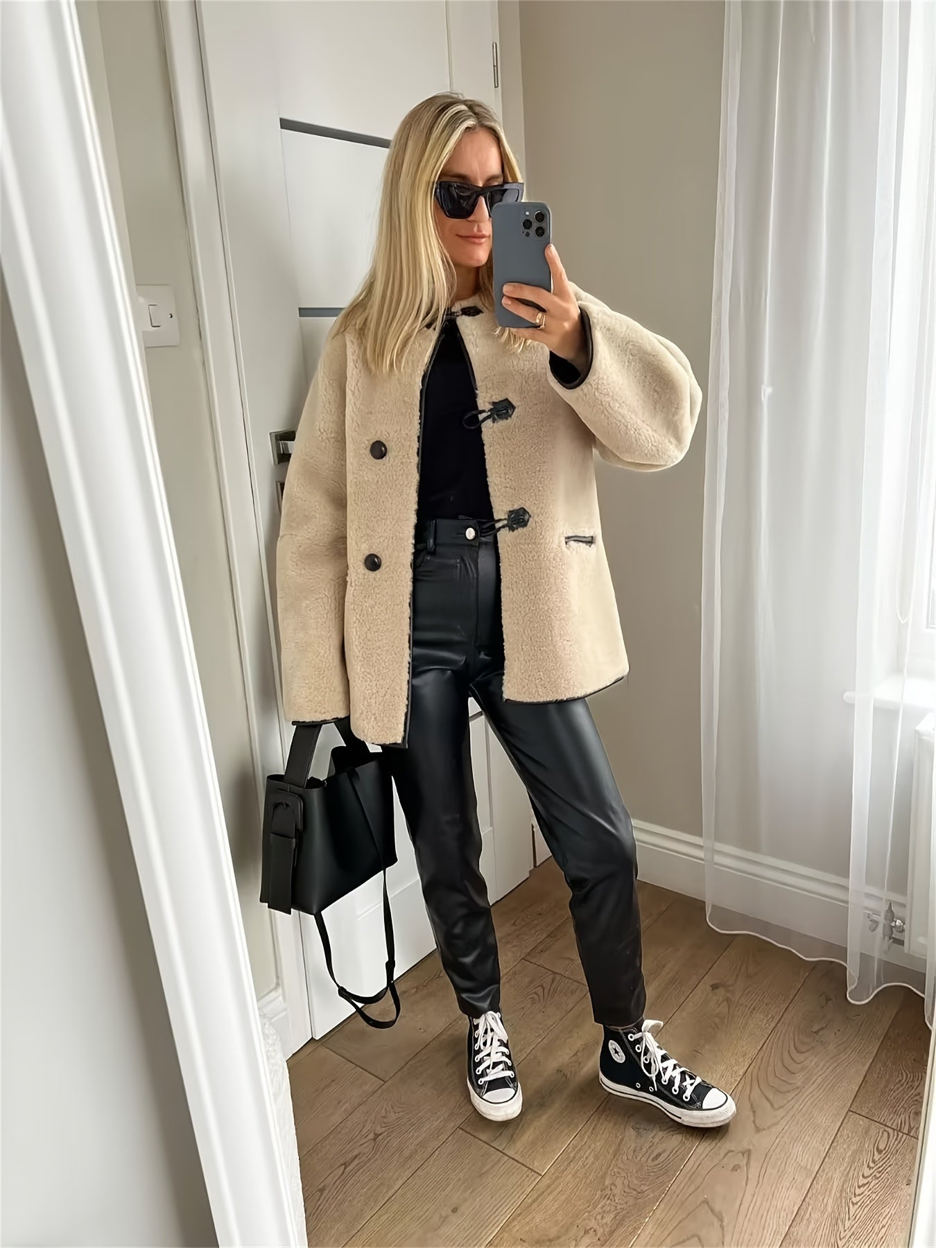 Antmvs Faux Fur Button Front Coat, Casual Long Sleeve Coat For Fall & Winter, Women's Clothing