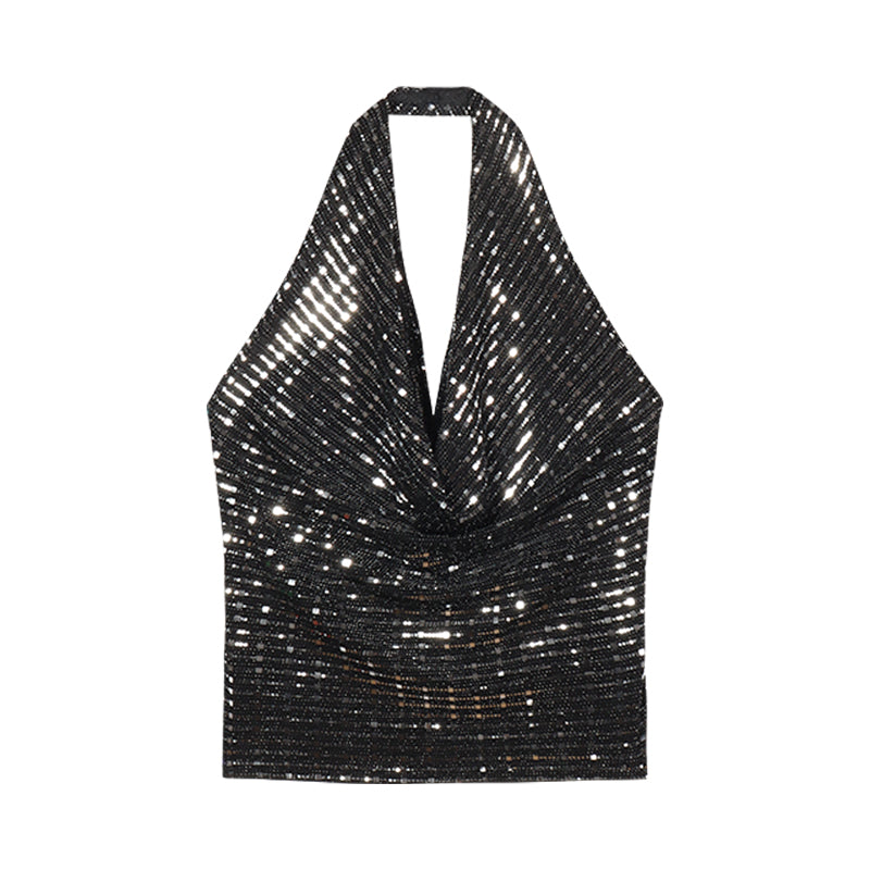 Antmvs Pamela Black & Silver Sequin Halter Neck Shiny Cropped Top